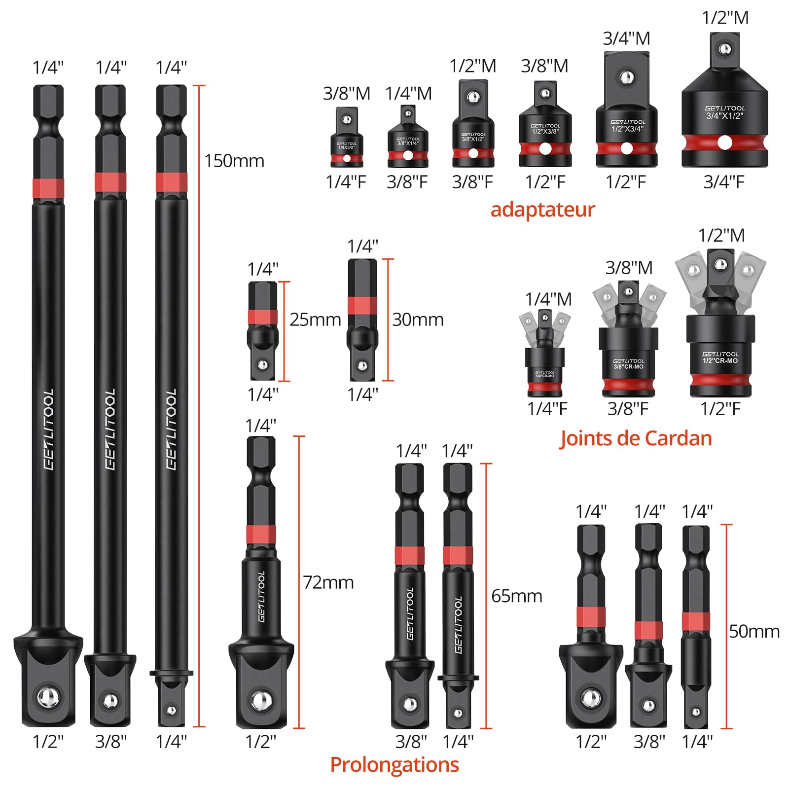 GETLITOOL Lot de 20 adaptateurs de douille, 11 adaptateurs de clé à douille, 6 adaptateurs de visseuse à percussion, 3 joints de cardan, adaptateur professionnel pour outils de percussion Cr-V & Cr-Mo