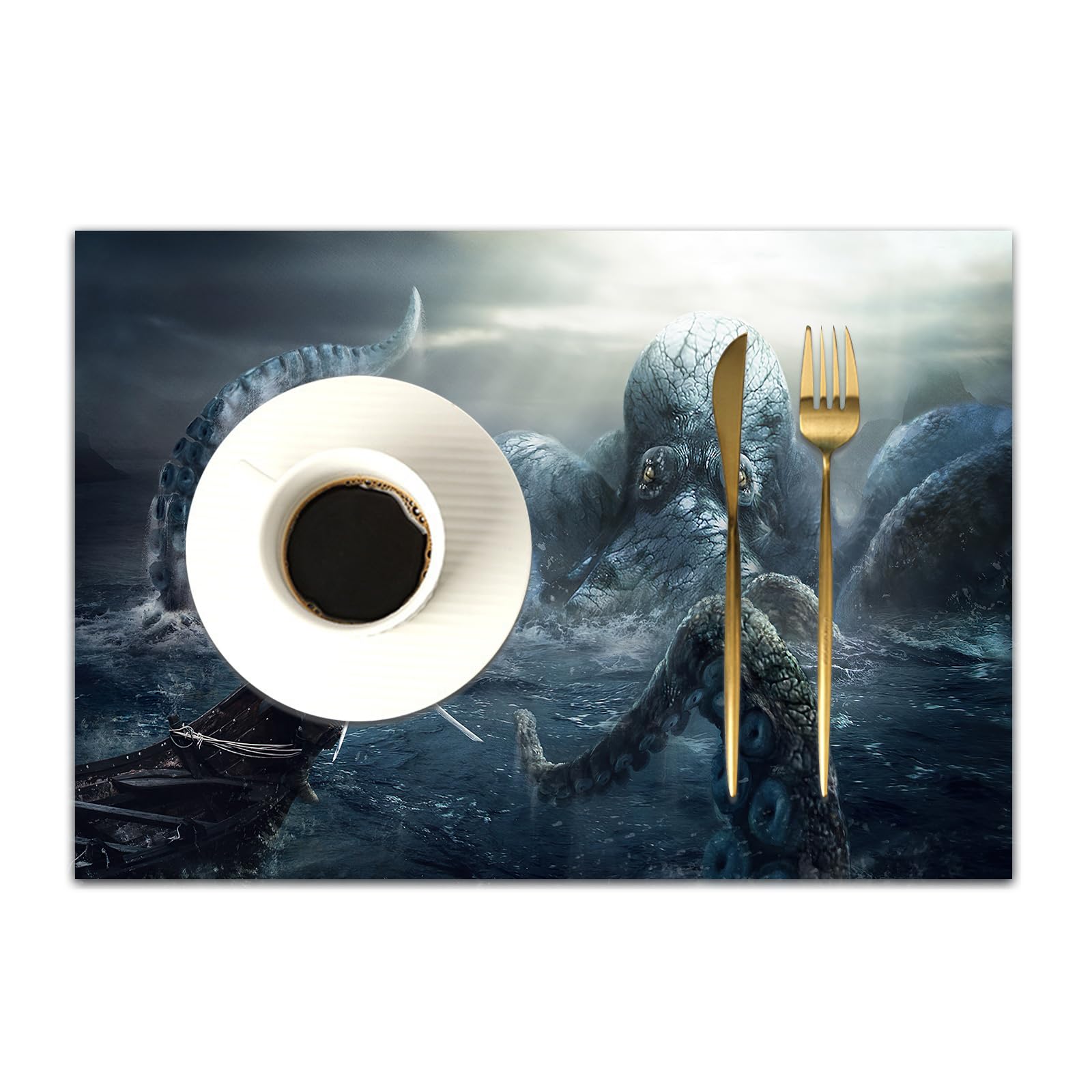 DASNK Table Mats Set of 4 Woven Vinyl Place Mats for Dinner Table Washable & Durable Indoor/Outdoor Use Table Accessories,Cool Pirate Awesome Octopus Octopus Ocean Ship Theme,12x18in