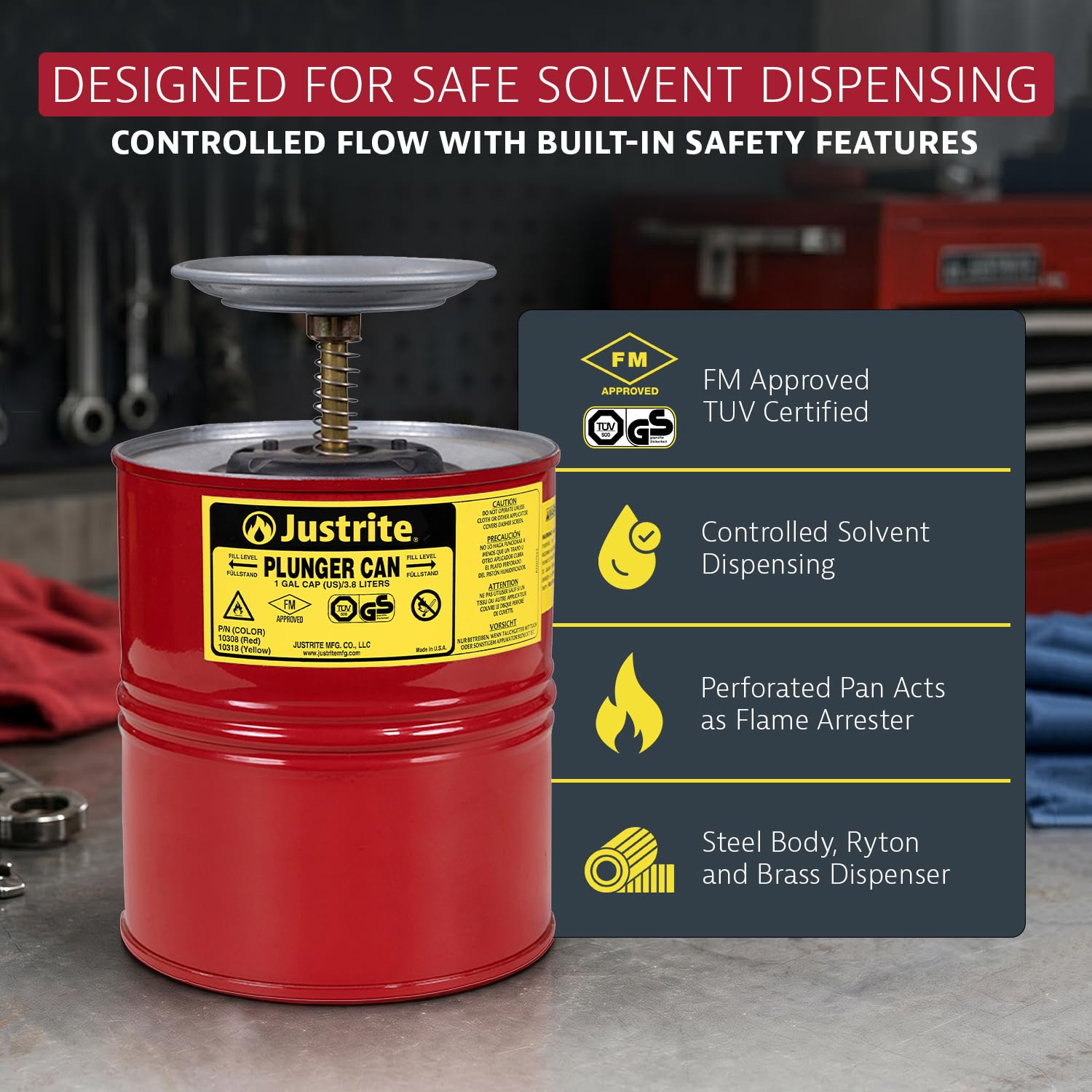 JustRite 10308 Acero Desatascador Seguridad puede con latón y Ryton Bomba, Capacidad de 4 L de montaje, 7,25 "OD x 10.5" H, rojo