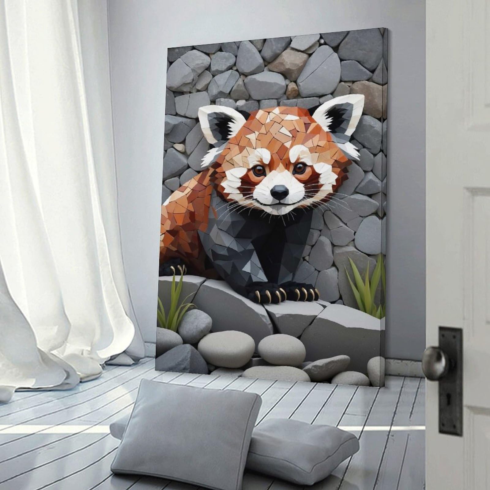Junmoney Mosaic Red Panda on Stone Wall Hanging Wall Art 24x36inch(60x90cm), for Study, Office Or Focused Interiors, Wall Art That Adds Style to Work Areas