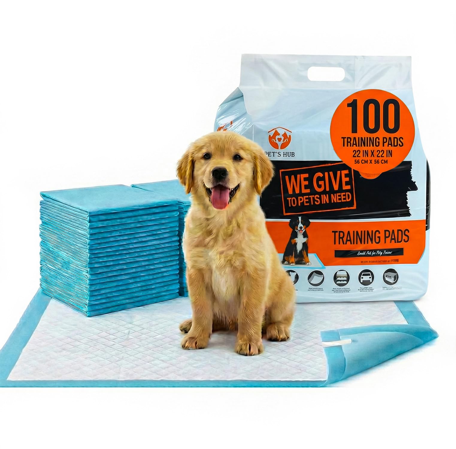 PET'S HUB Dog & Puppy Training Pads 100 Pack, Super-Absorbent Large Puppy Pads, Leak-Proof Heavy Duty Dog Mats, Anti-Slip and Disposable Dog Pee Pads (56 x 56 cm) (Pack of 100)