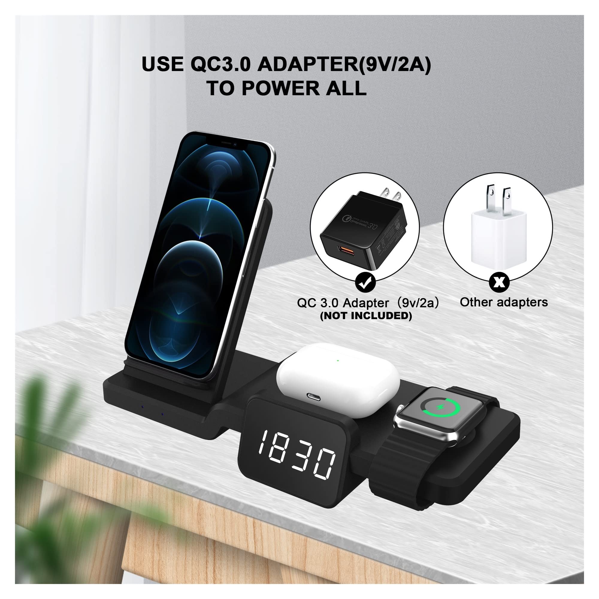 Support de Chargeur sans Fil 30W for téléphone Montre écouteur Horloge 4 en 1 Station de Chargement Rapide(A)