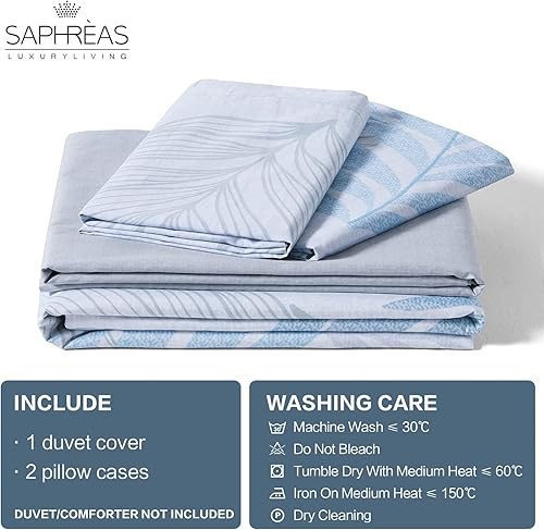 Miniatura 6 de SAPHREAS Juego de funda de edredón con estampado de hojas de Monstera tropicales, tamaño Queen, color azul claro y blanco con hojas botánicas, 1