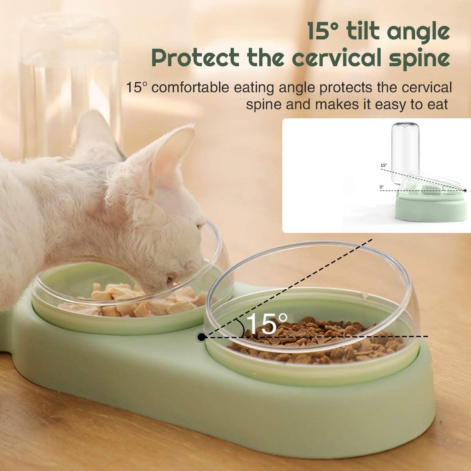 Cuencos 3 en 1 for Perros y Gatos con Soporte Inclinado 15°, antiderrames Ajustable for Comida Agua, for Cachorros(Green)