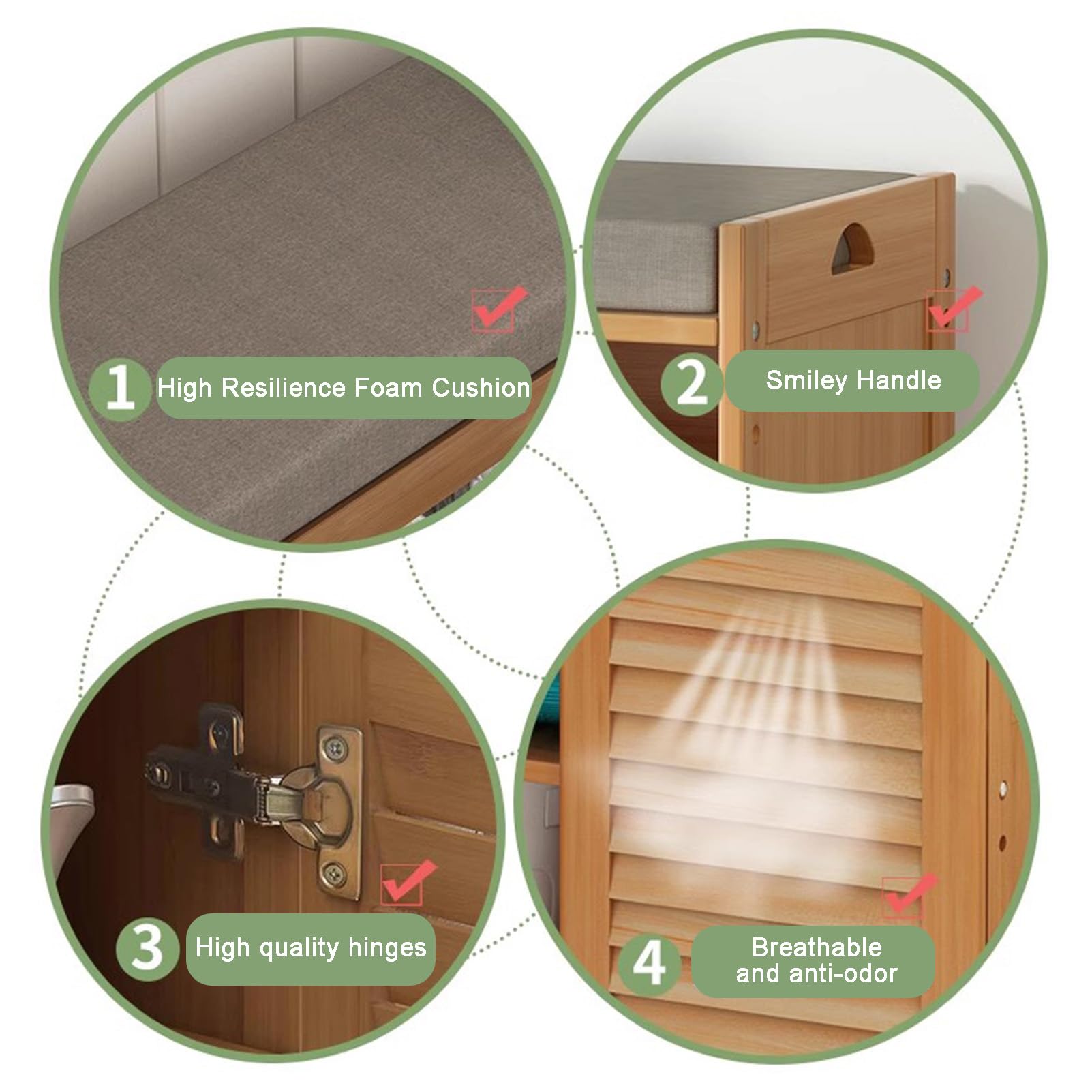 Zapatero de madera independiente con puertas y asiento, elegante pasillo para zapatos, solución de almacenamiento de entrada, diseño que ahorra espacio, decoración moderna del hogar
