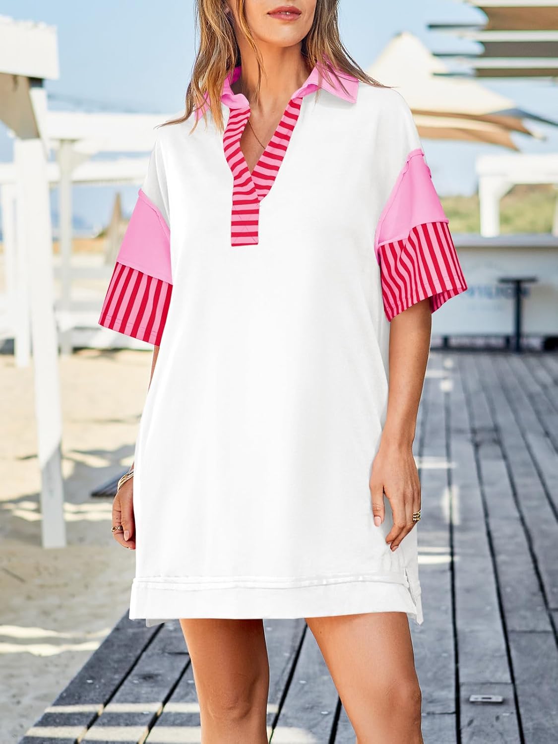 Wenrine Women's Polo V Neck T Shirt Dress Casual Summer Oversized Color Block Short Sleeve Sweatshirt Mini Dresses - Image 2