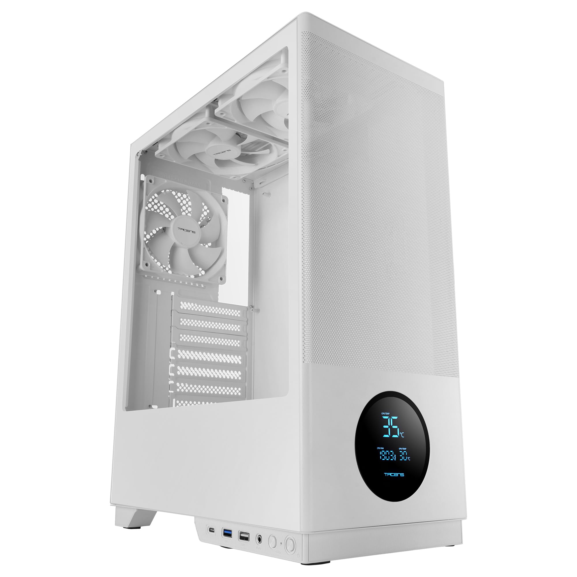 Tacens SAGITTA20, Obudowa PC ATX, Wyświetlacz LED z Temperaturami w Czasie Rzeczywistym, 3x Wentylatory 120mm, Boczne Szkło Hartowane, Przednia Metalowa Siatka Przeciwkurzowa, CableHatch, Biały
