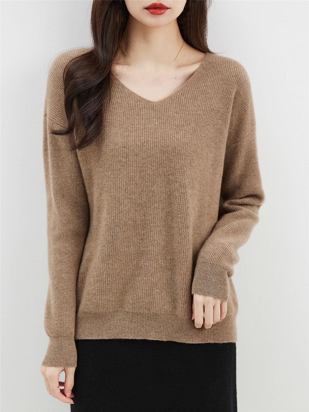 Damski wełniany sweter z dekoltem w serek, basic, sweter z długim rękawem, dzianinowe topy