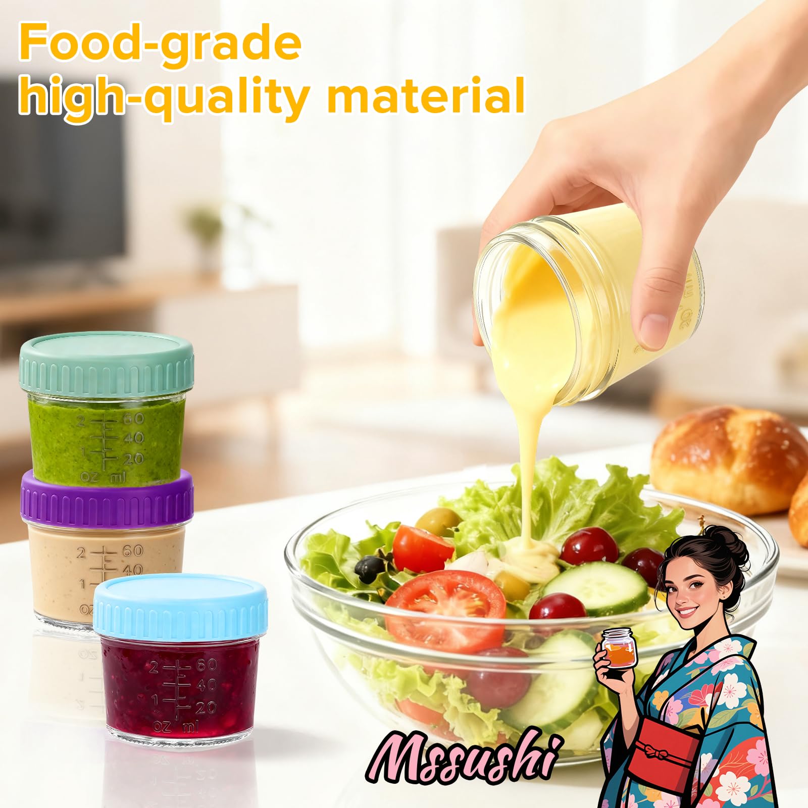 Mssushi 8 Récipients à Vinaigrette en Verre 120ml,Pots Pour Condiments avec Couvercles en Silicone Anti-Fuite,Boîtes de Conservation Alimentaire Portable,Adapté Pour Les Salades,Les Sauces et Épices