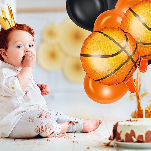 Miniatura 4 de Charniol Juego de 5 globos de papel de aluminio de baloncesto y 20 globos de látex en negro y naranja para decoración de fiesta de cumpleaños, baby