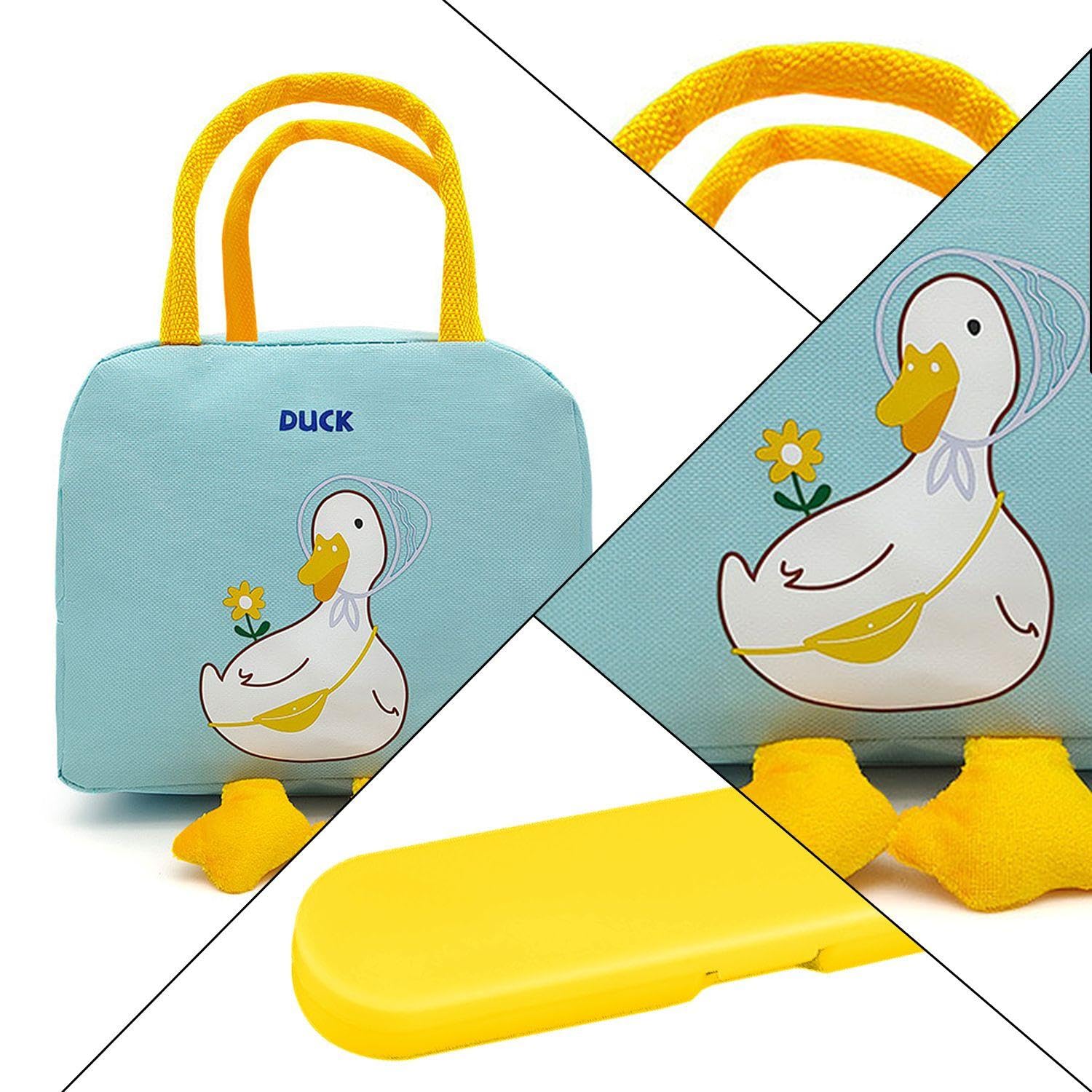 Large Capacity Thermal Lunch Bag with Bento Storage and Portable Cutlery Box - Cute Design, Blue - Image 3