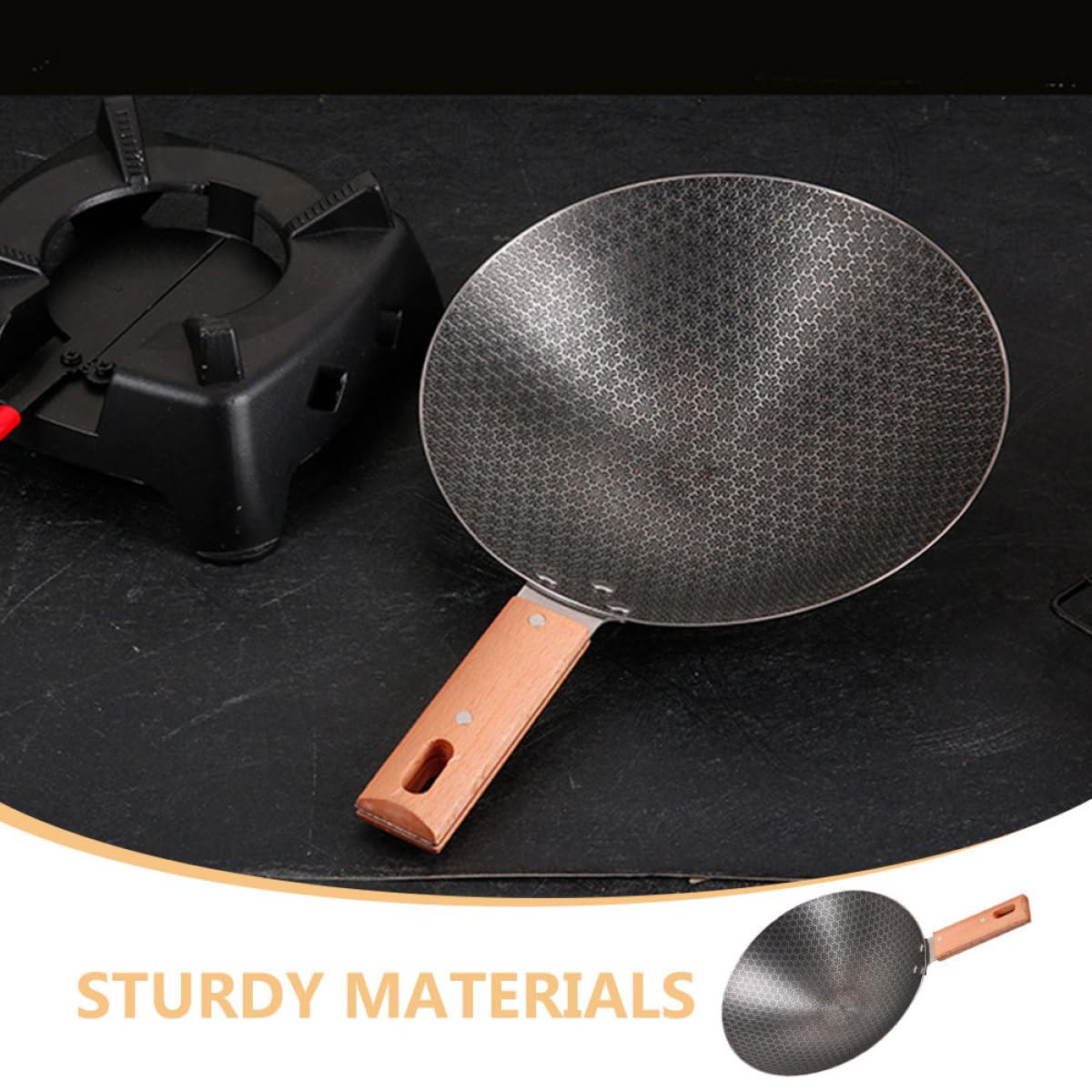 INOOMP Wok da Cucina Piccolo Stile Giapponese Fondo Tondo Ferro | Manico in Legno, Adatto All’uso Esterno, Stabile e Facile da Pulire, Linee Semplici e Forma Rotonda