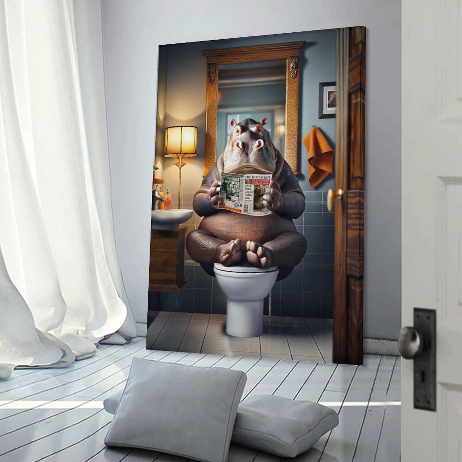 Junmoney Frame-Style-24 Hippo On The Toilet Decorative Canvas Print, 20X30inch(50X75cm), For Living Room, Bedroom Or Home Office, Canvas Artwork With Gifting Potential