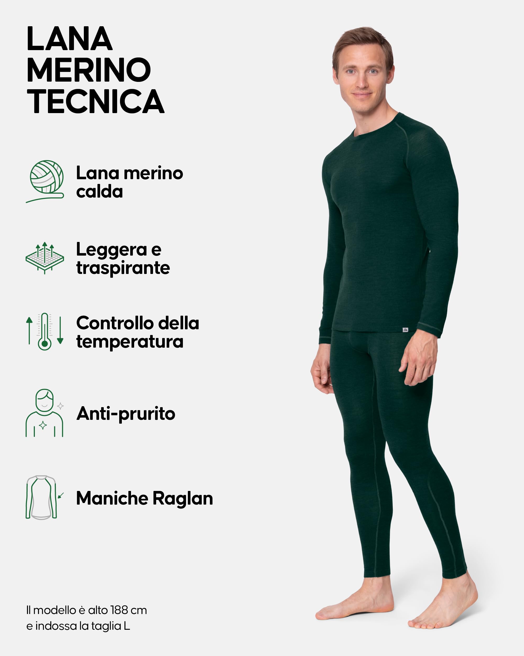 DANISH ENDURANCE Intimo Termico Uomo Lana Merino, Maglia Termica Uomo e Pantaloni Termici, Calzamaglia Termica Uomo Invernale per Sci, Trekking