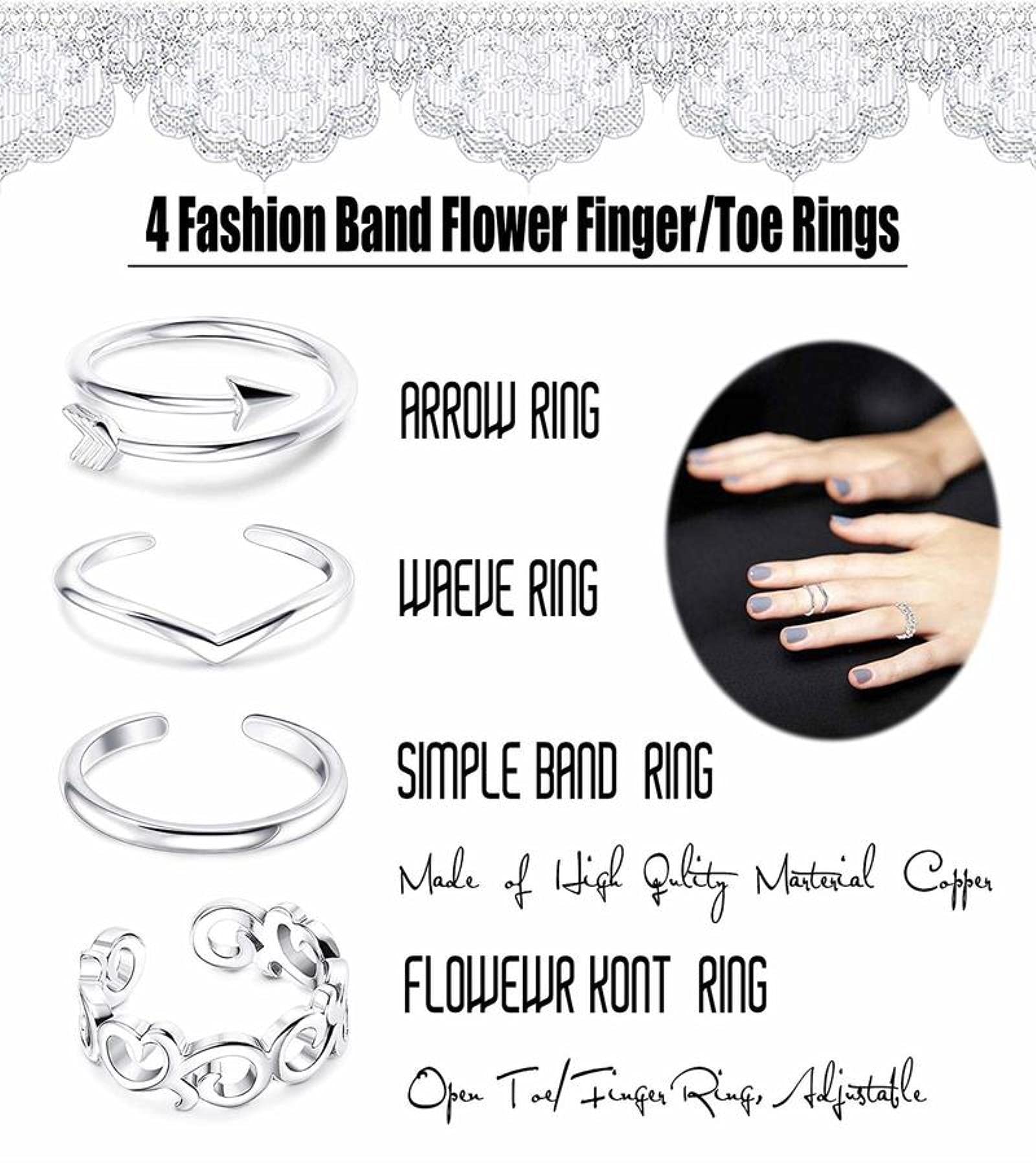 Wakacje na plaży Knuckle Foot Ring Open Toe Rings zestaw dla kobiet dziewczynki palec serce pierścień regulowana biżuteria-4PC, kolor srebrny