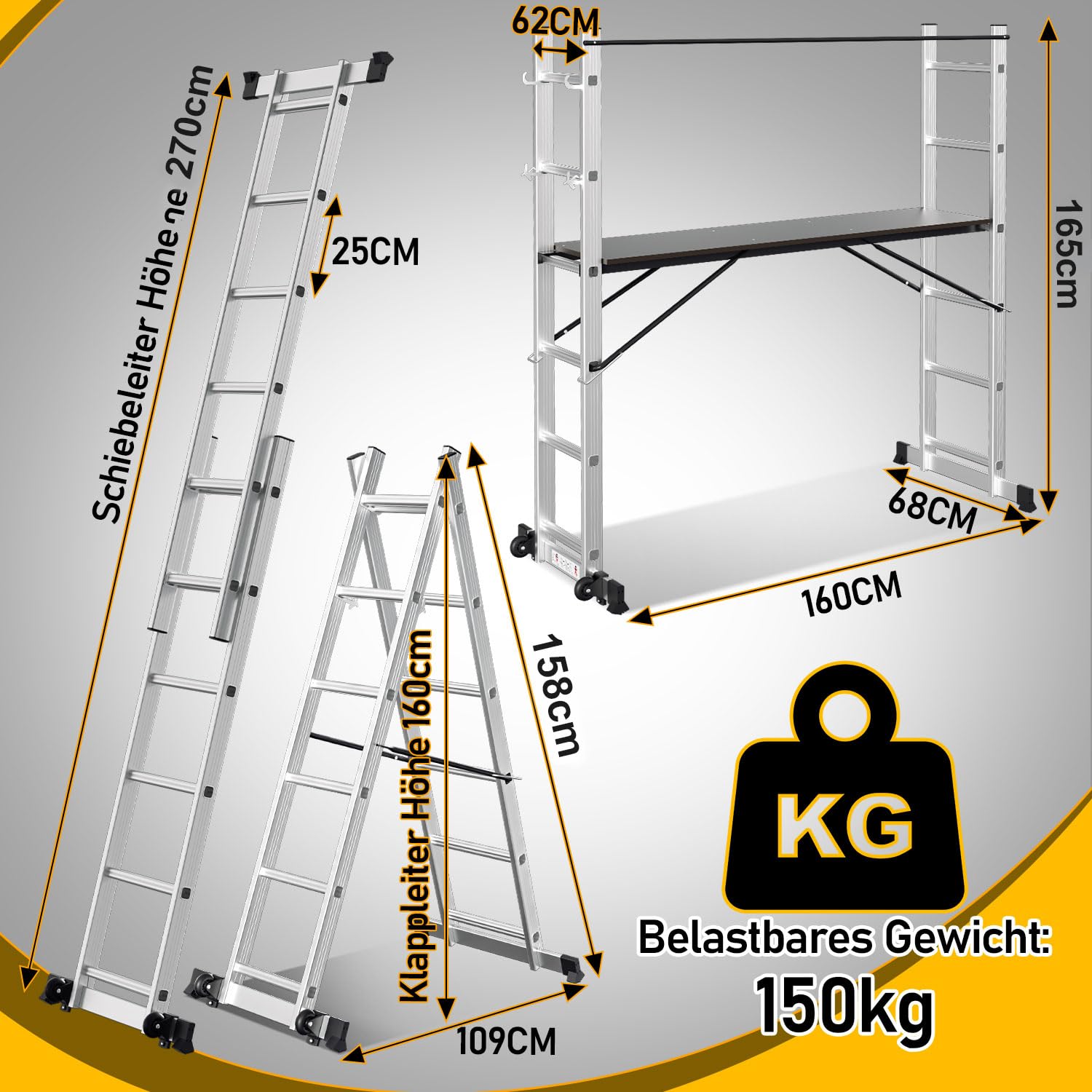 Daromigo Wielofunkcyjna drabina 4 x 4 w 1, aluminiowa drabina składana, rusztowanie, drabina robocza, drabina wielofunkcyjna, maksymalne obciążenie 150 kg, srebrna