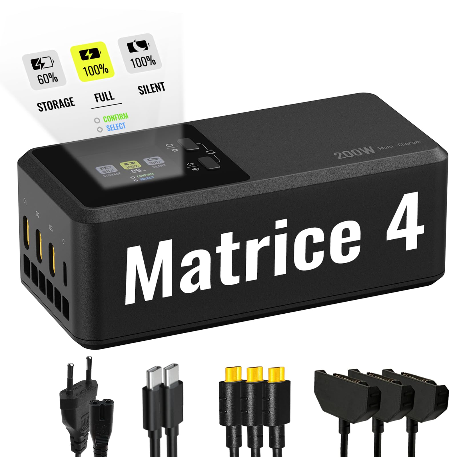 LKTOP Matrice 4 Series 200W Batterieladegerät Schnellladegerät für DJI Matrice 4T/4E Drohne mit Speicher/Stummschaltung/Ausgang, LCD Display (Paralleles Aufladen 3 Akkus 1h 50min)