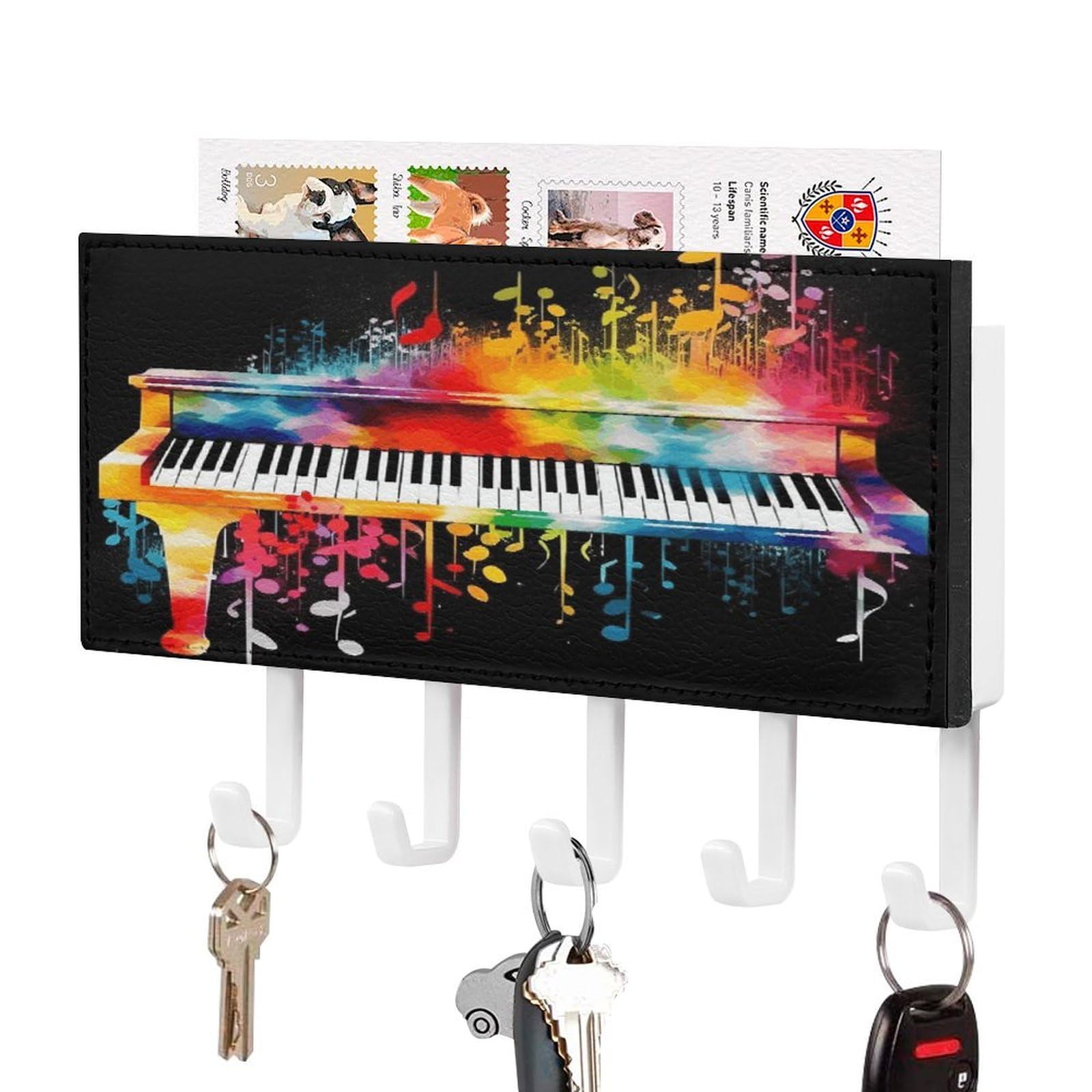 Porte-clés mural piano avec bac à courrier et 5 crochets en cuir synthétique