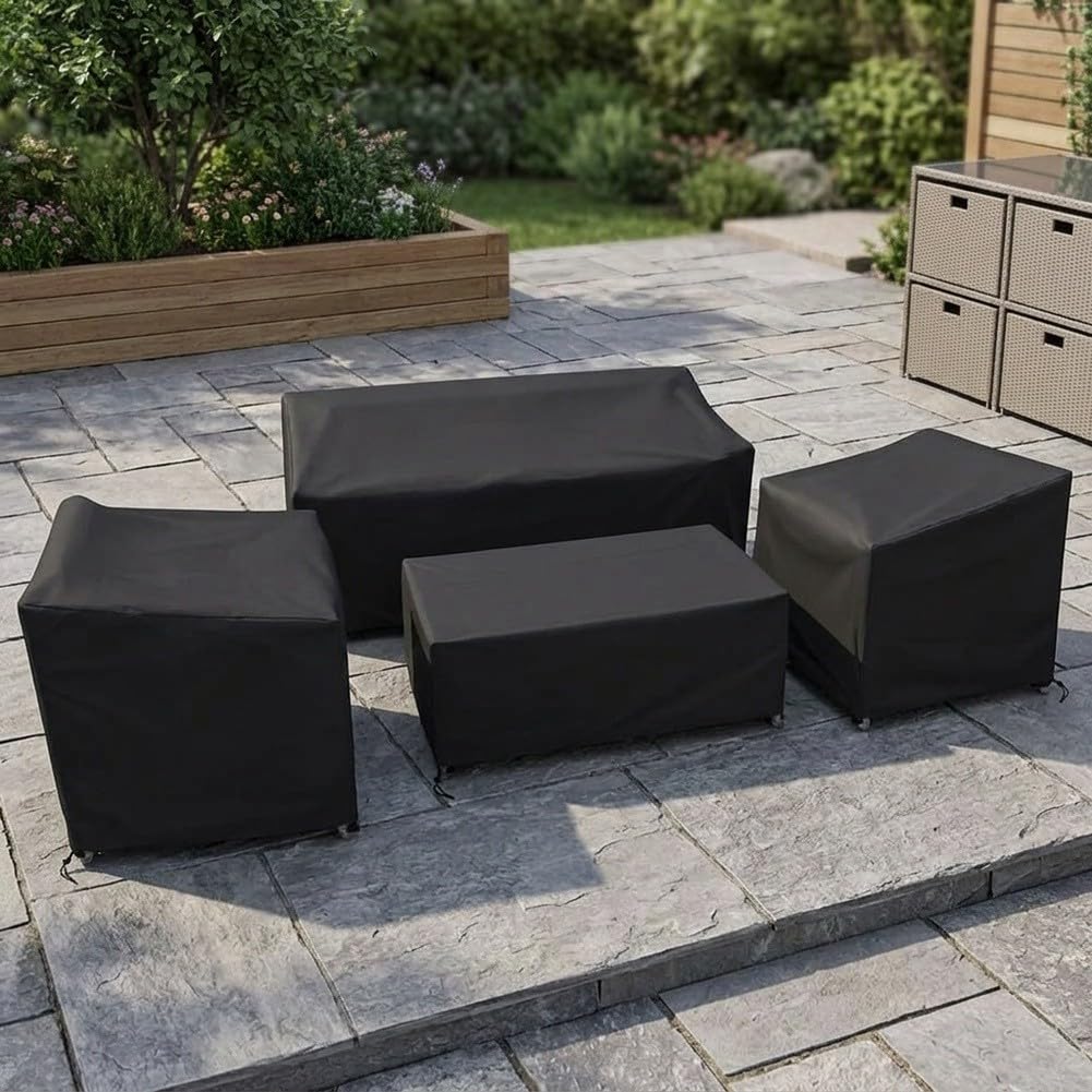 Lot de 4 Housses de Meubles de Jardin en Tissu Oxford Imperméable pour Table et Chaises en Rotin, Protection Contre la Pluie, la Neige et la Poussière (noir 200D)