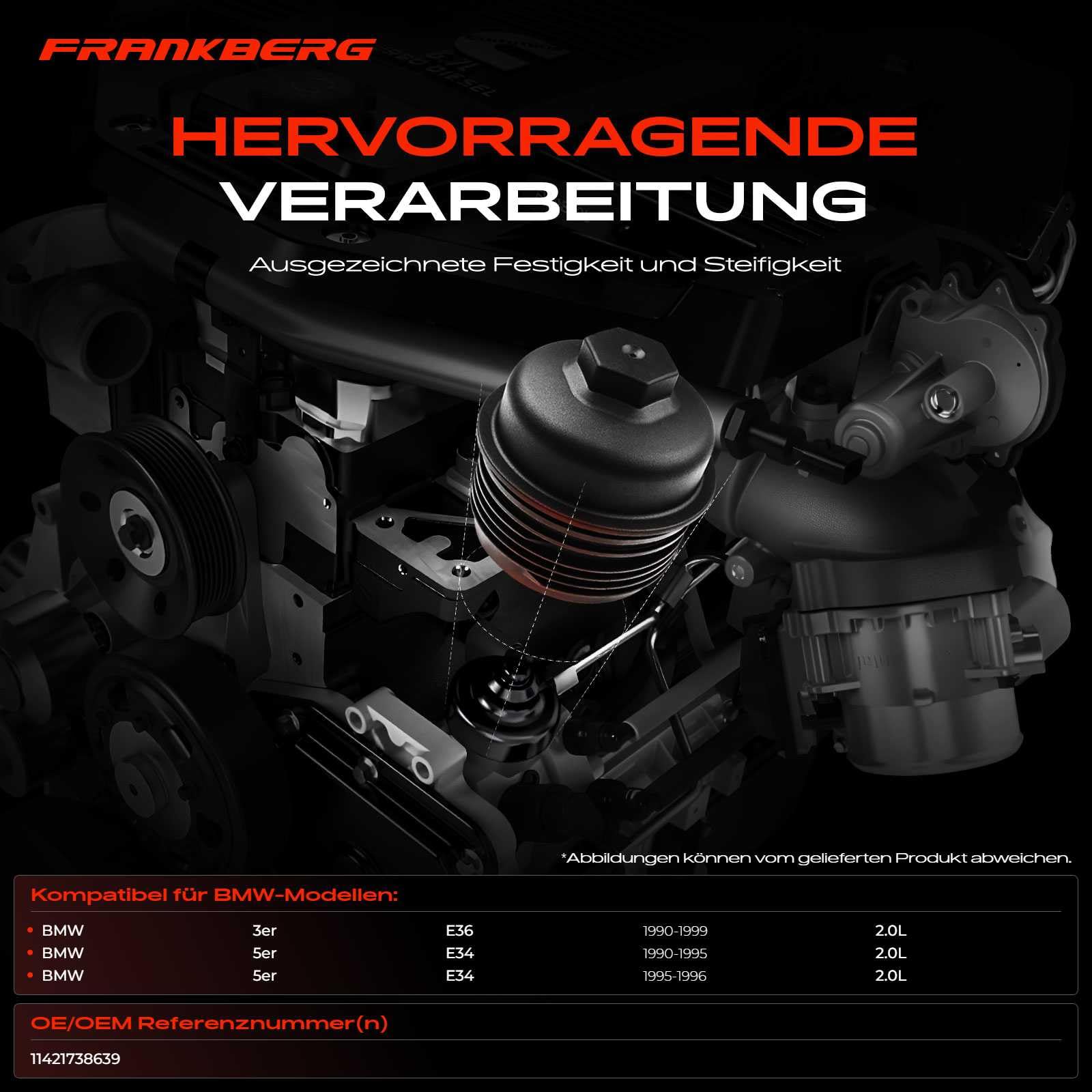 Frankberg Obudowa filtra oleju, pokrywa kompatybilna z 3 Cabriolet E36, 5, E34, 3, E36, 3, Coupe E36, Touring E36, 5 Touring Replace # 11421738639