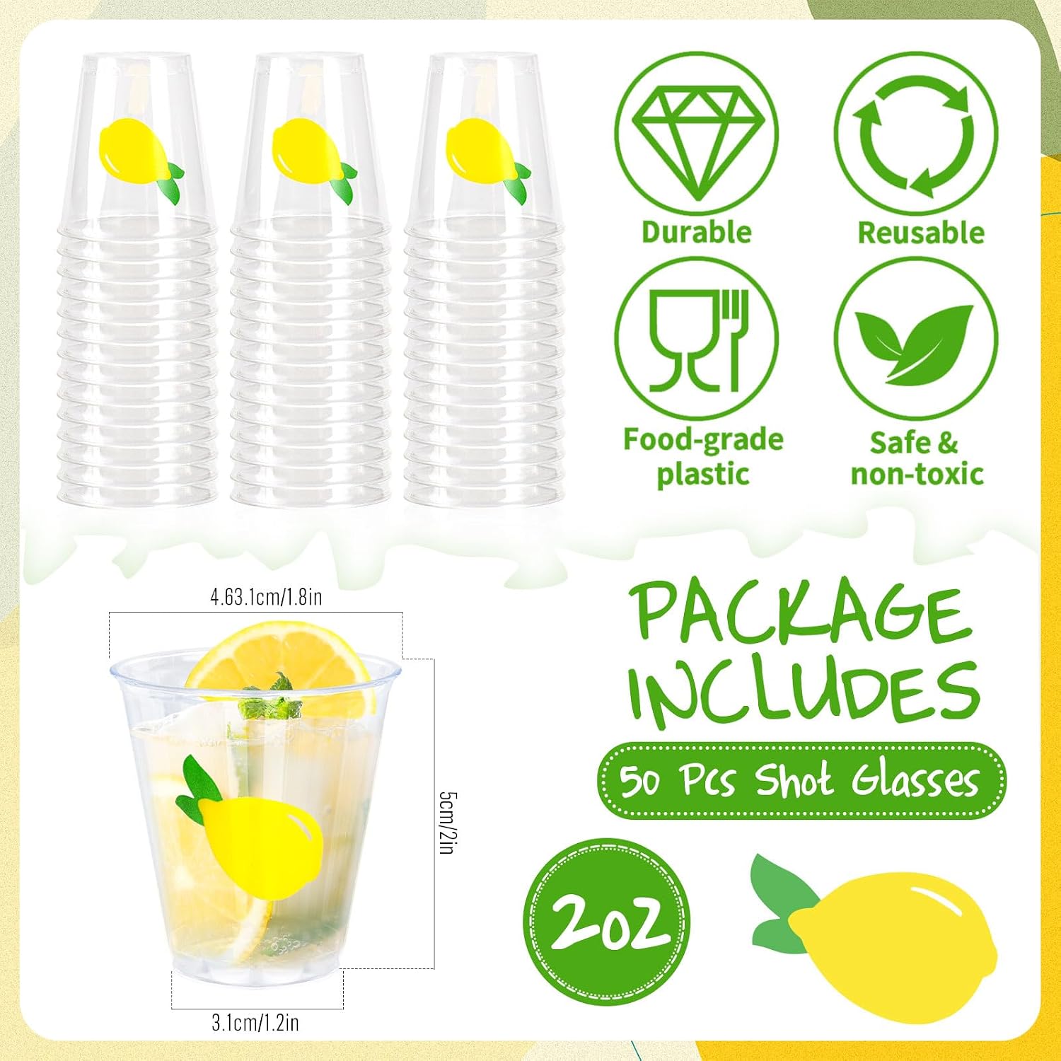AnyDesign 50Pcs Lemon Shot Glasses Mini Plastic Shot Cups Lemonade Stand Disposable Clear Tasting Sample Cup for Summer Fruits Birthday Party Supplies, 2 Oz