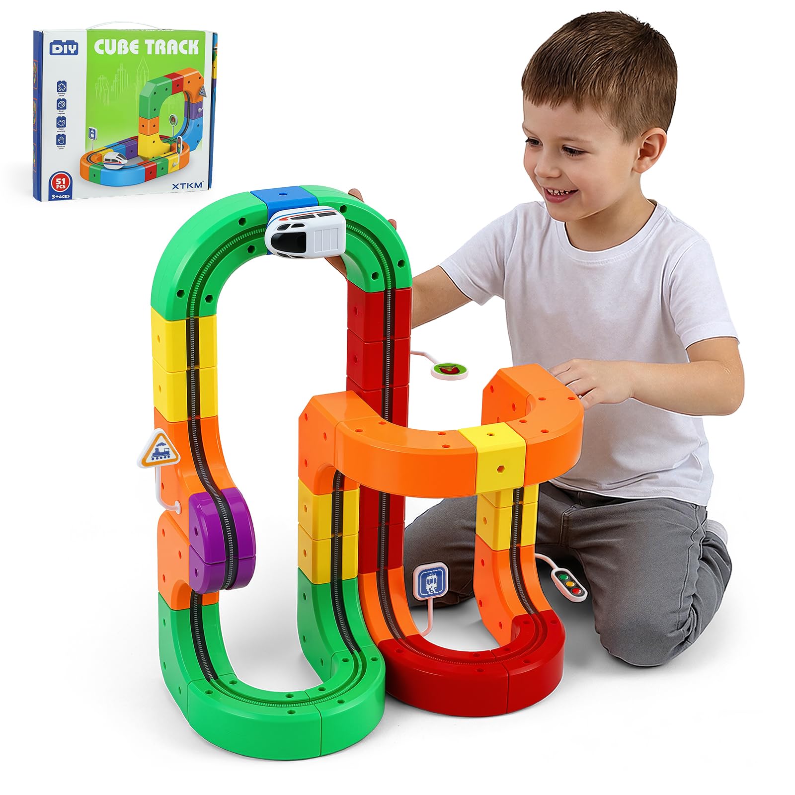 51 Piezas Juego de Trenes de Cubos mágicos, Juego de Trenes eléctricos, diseños 3D Integrados, Pista de Carreras Flexible, Juguete de construcción de automóviles motorizados