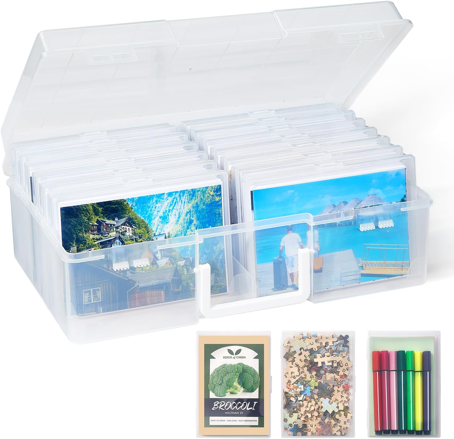 Lifewit Photo Storage Box 4x6 Photo Case, 14 Inner Photo Keeper, Clear Photo Boxes Storage with 1 Sheet Label Sticker, Plastic Craft Storage Box with lids for Cards Pictures Stamps Office Supplies