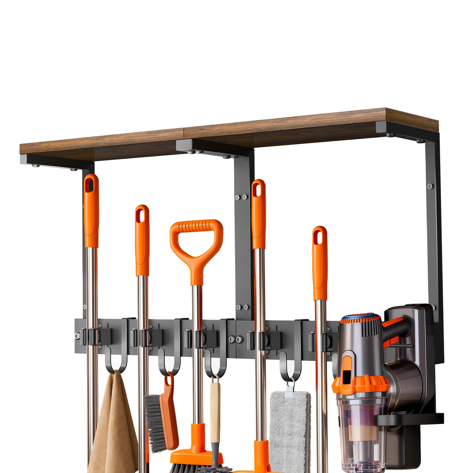 Soporte escobas pared con estante superior de madera, organizador metálico resistente para útiles de limpieza con soporte para aspiradora, 5 soportes y 5 ganchos para lavadero, trastero (grande)