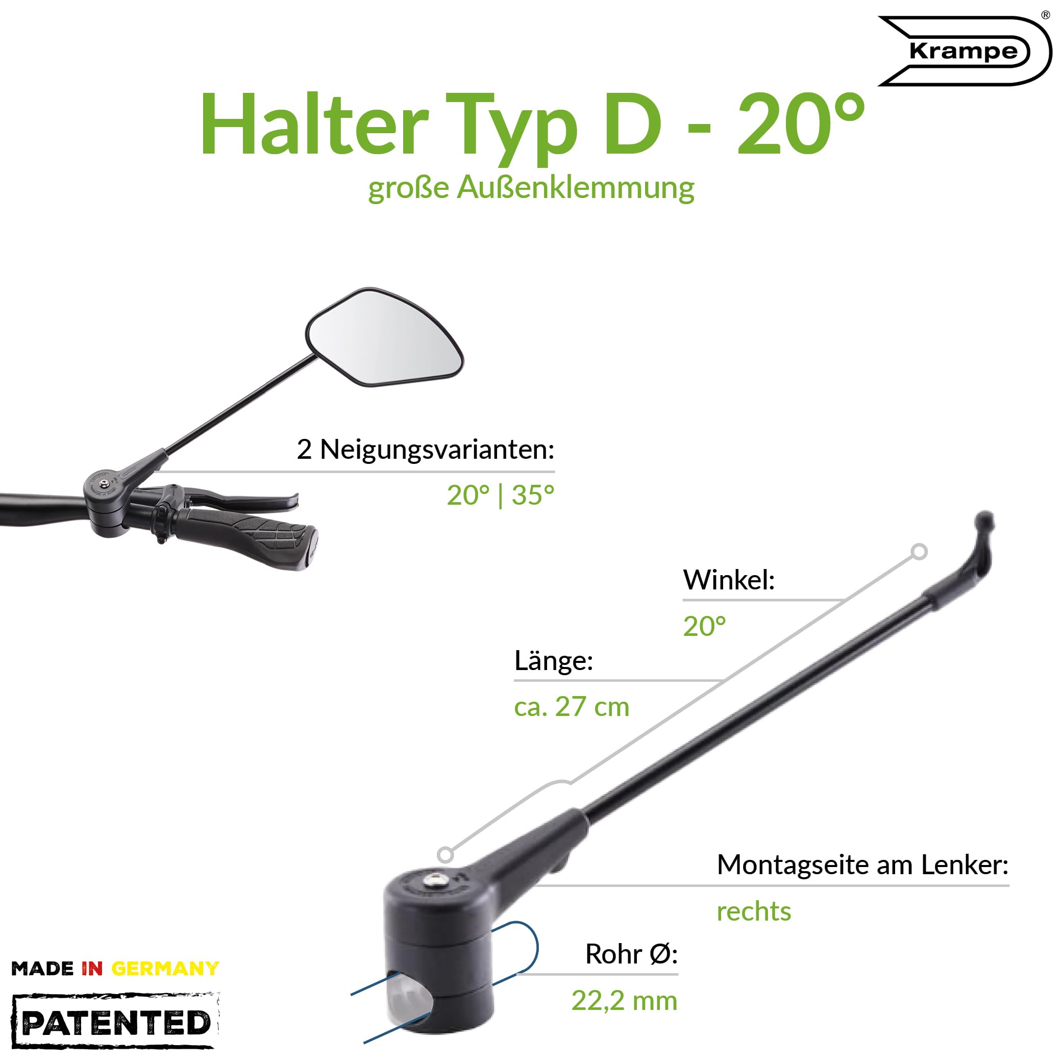 Krampe Fahrradspiegel "KF Sport Typ D20"- Made in Germany, stabiler Rückspiegel für E-Bike & Fahrrad, individuell einstellbar, für linke und rechte Lenkerseite erhältlich (Rechts)