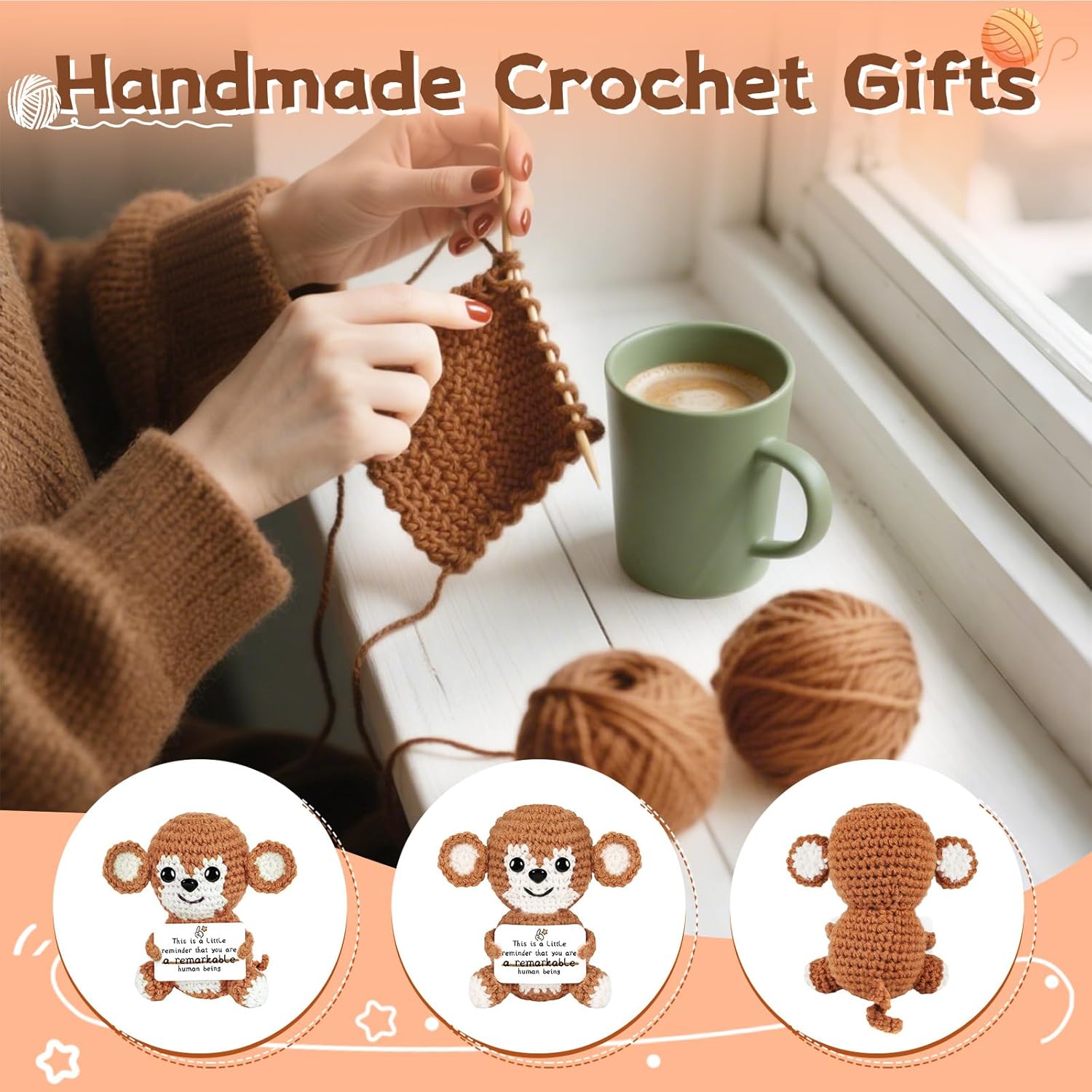 Gifts for Him/Her: Stuffed Animal Women/Men Thank You Present, Handmade Positive Crochet Monkey Emotional Birthday Mother's Day Easter Retirement Gifts for Teacher Friend Coworker Couple - Image 5