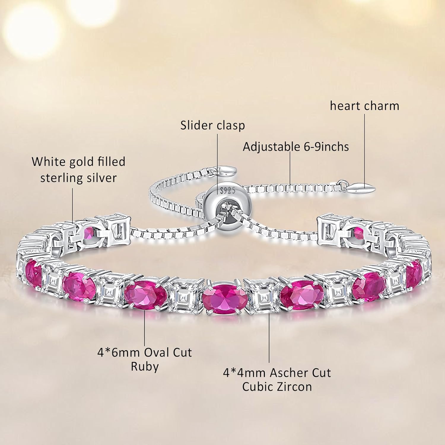 Sterling Silver Birthstone Bracelets for Women White Gold Tennis Bracelets Adjustable Chain 6-9 Inchs Jewelry Hypoallergenic Anniversary Birthday Gifts for Women Mom Wife Her - Image 4