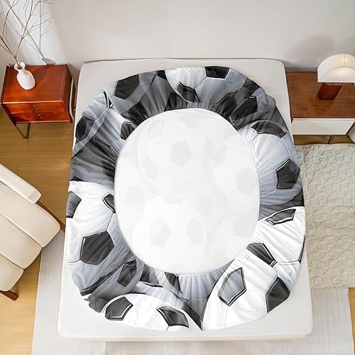 Miniatura 5 de Erosebridal Juego de ropa de cama de fútbol para niños, juego de sábanas deportivas para niños y adolescentes, sábana bajera ajustable hexagonal