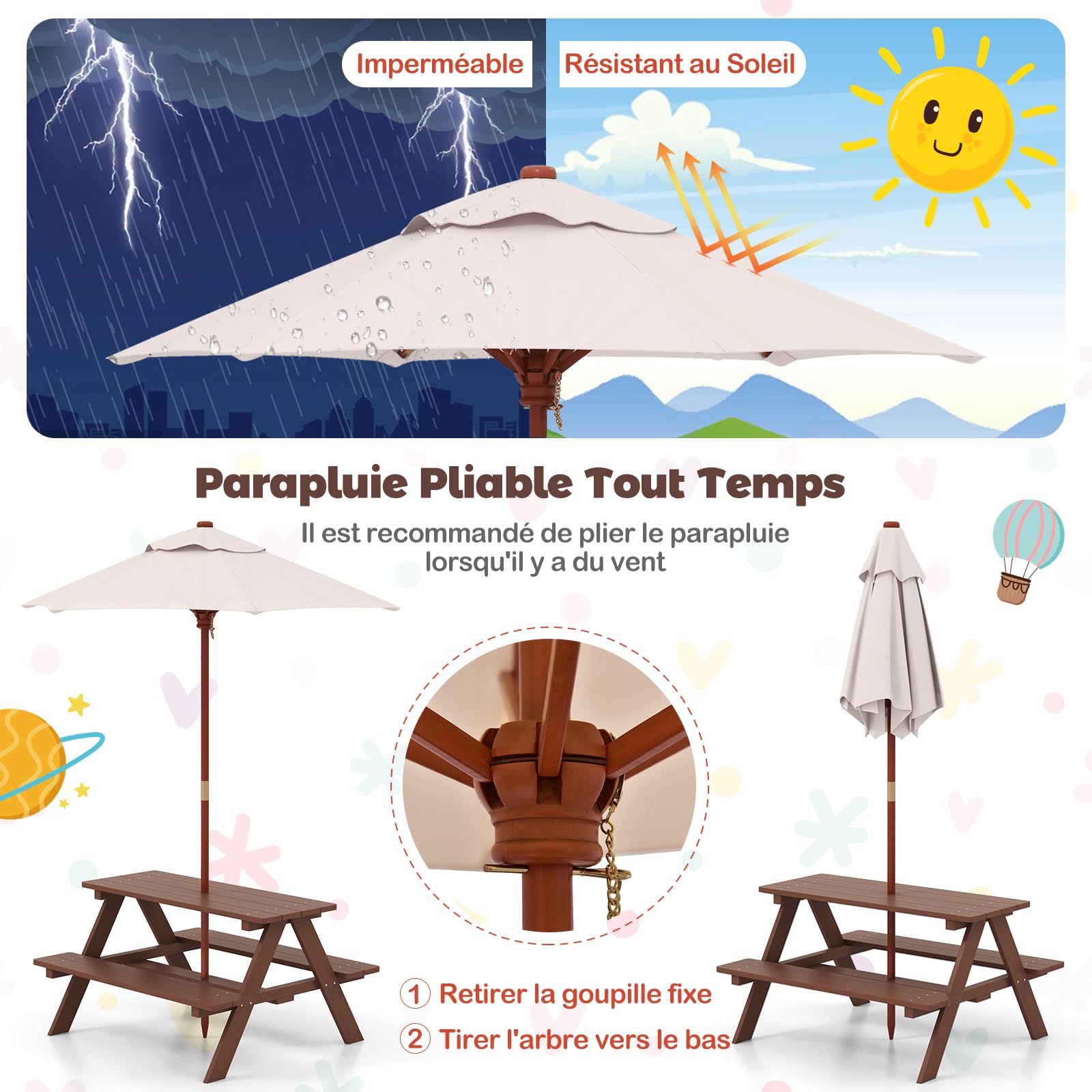 DREAMADE Table de Pique-Nique Enfant en Bois avec Parasol Amovible,Table Exterieur Enfants avec Banc,4 Places,pour Jardin,Terrasse,Patio,Balcon,89x79x50CM