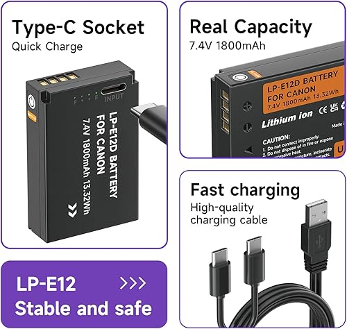 Miniatura 4 de Mspalocell Batería LP-E12, Canon LP-E12 Batería de iones de litio Carga directa USB para Canon EOS-M, EOS M2, EOS M10, EOS M50, EOS M50 Mark II, EOS