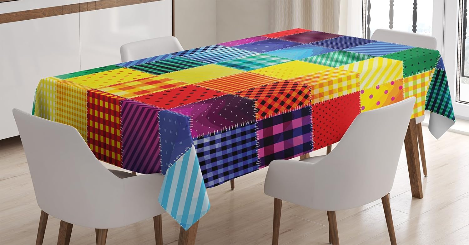 Ambesonne Abstract Tablecloth, Rainbow Colored Square Shaped Diverse Patterns with Diagonal Forms Geometric, Rectangular Table Cover for Dining Room Kitchen Decor, 60" X 90", Multicolor 60" X 90" Multi Color