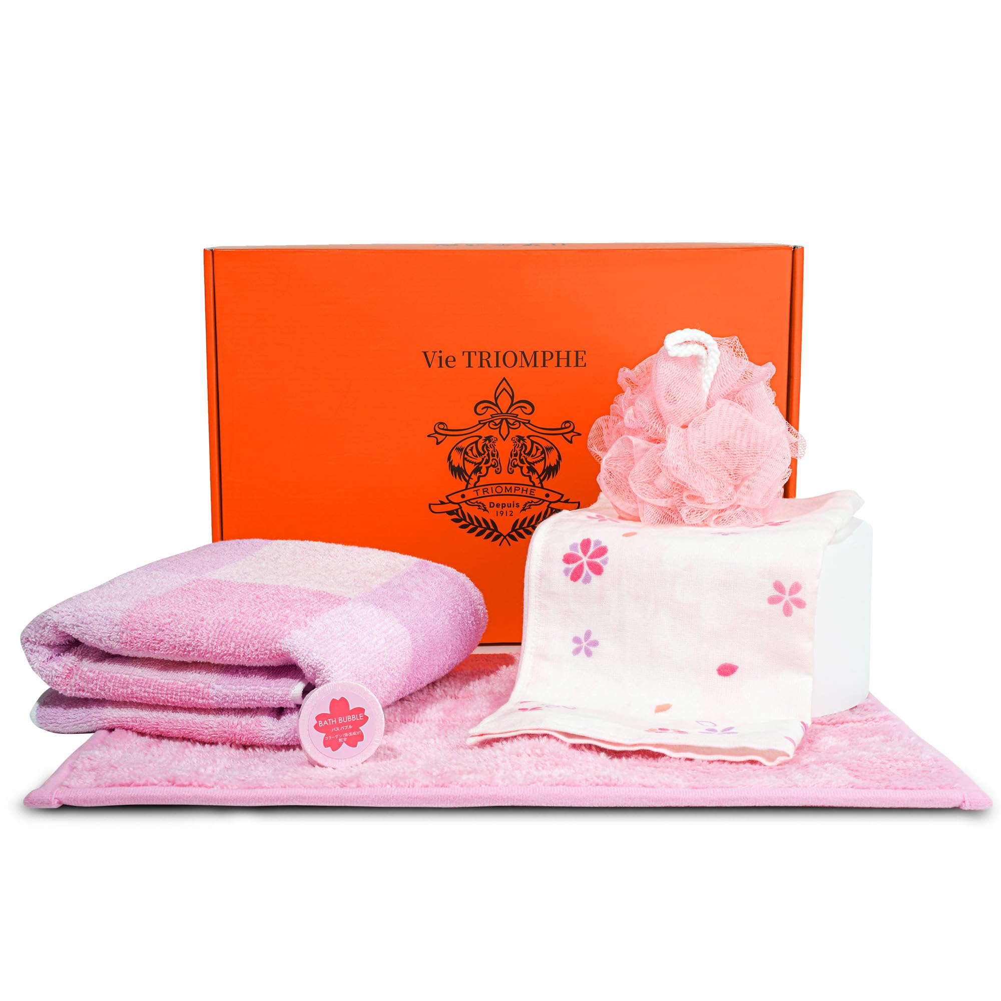 Vie Triomphe Triomphe Depuis 1912 Boys Yellow Vie Triomphe 5-Piece Sakura Children's Bath Set Gift Box, 60X120cm Bath Towel, 34Cm Washcloth, 34X45cm Bath Mat, Bath Puff, Bath Salts, Soft Absorbent For Kids With Japanese Floral Design