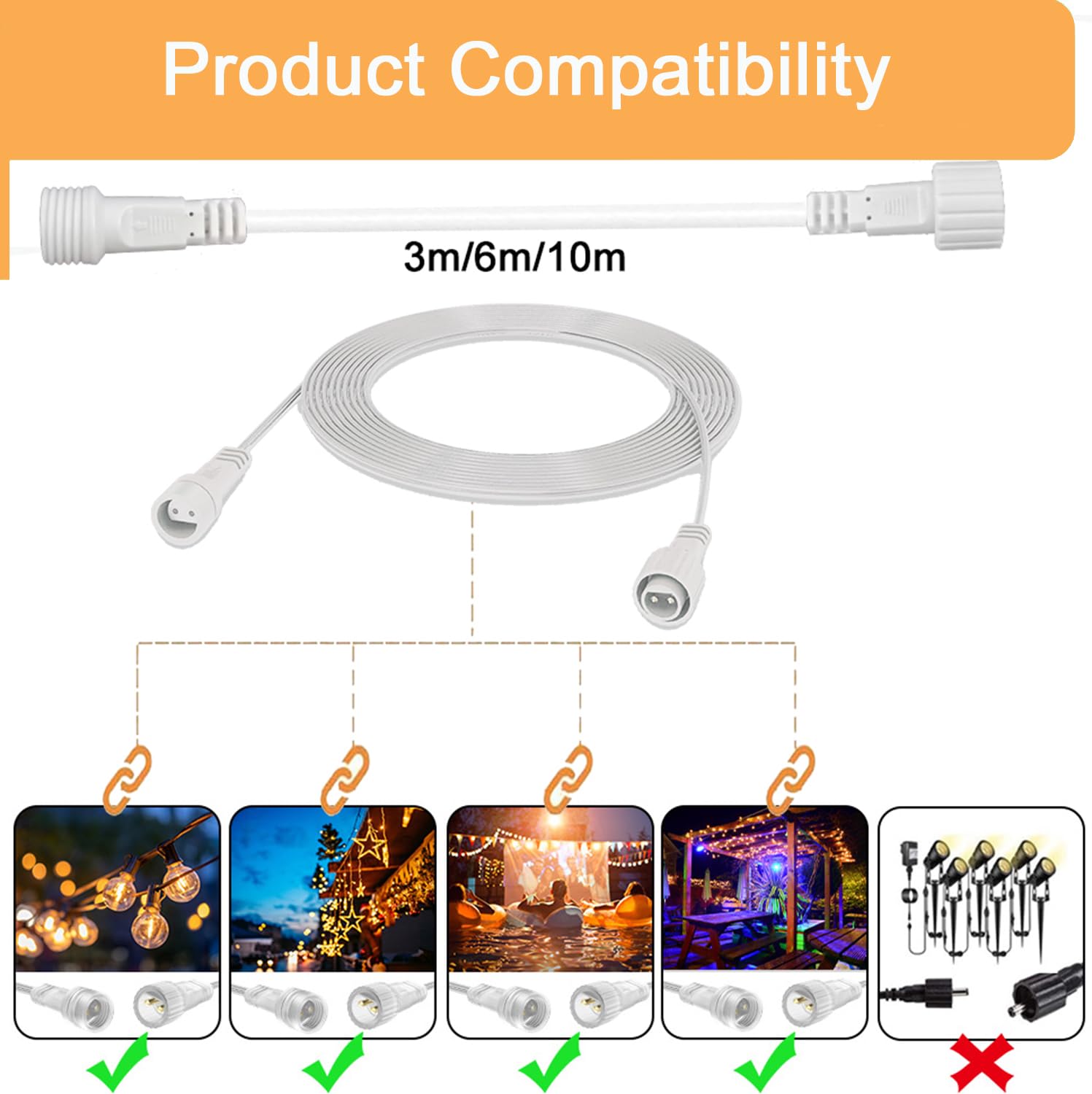 Joysing Christmas Lights Extension Cable 2 Pin 10M Fairy Lights Extension Cable White - Image 2