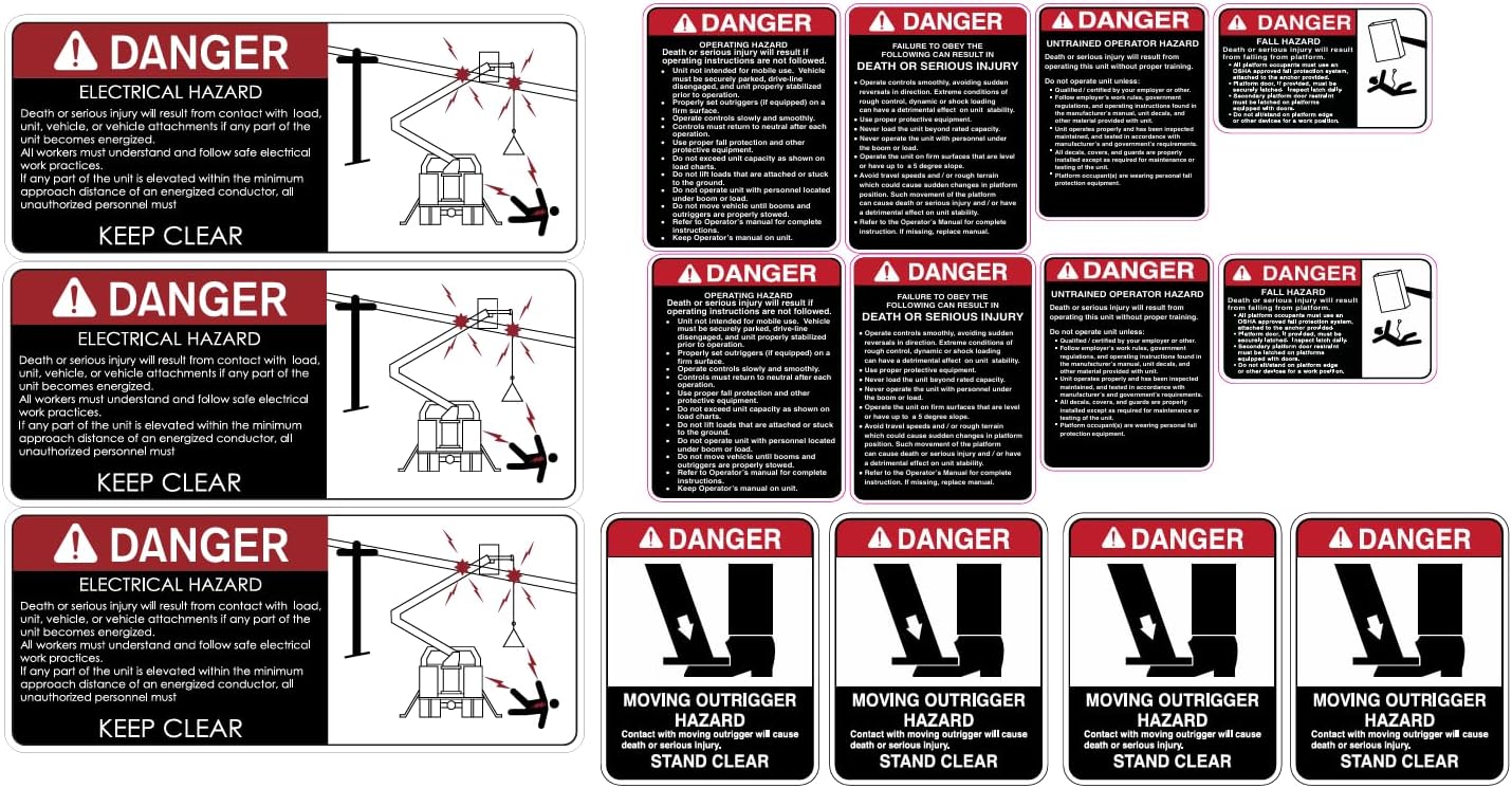 Bucket Truck Crane Truck Boom Truck Safety Decal Sticker Set Outrigger Electrical Hazard Warning Stickers