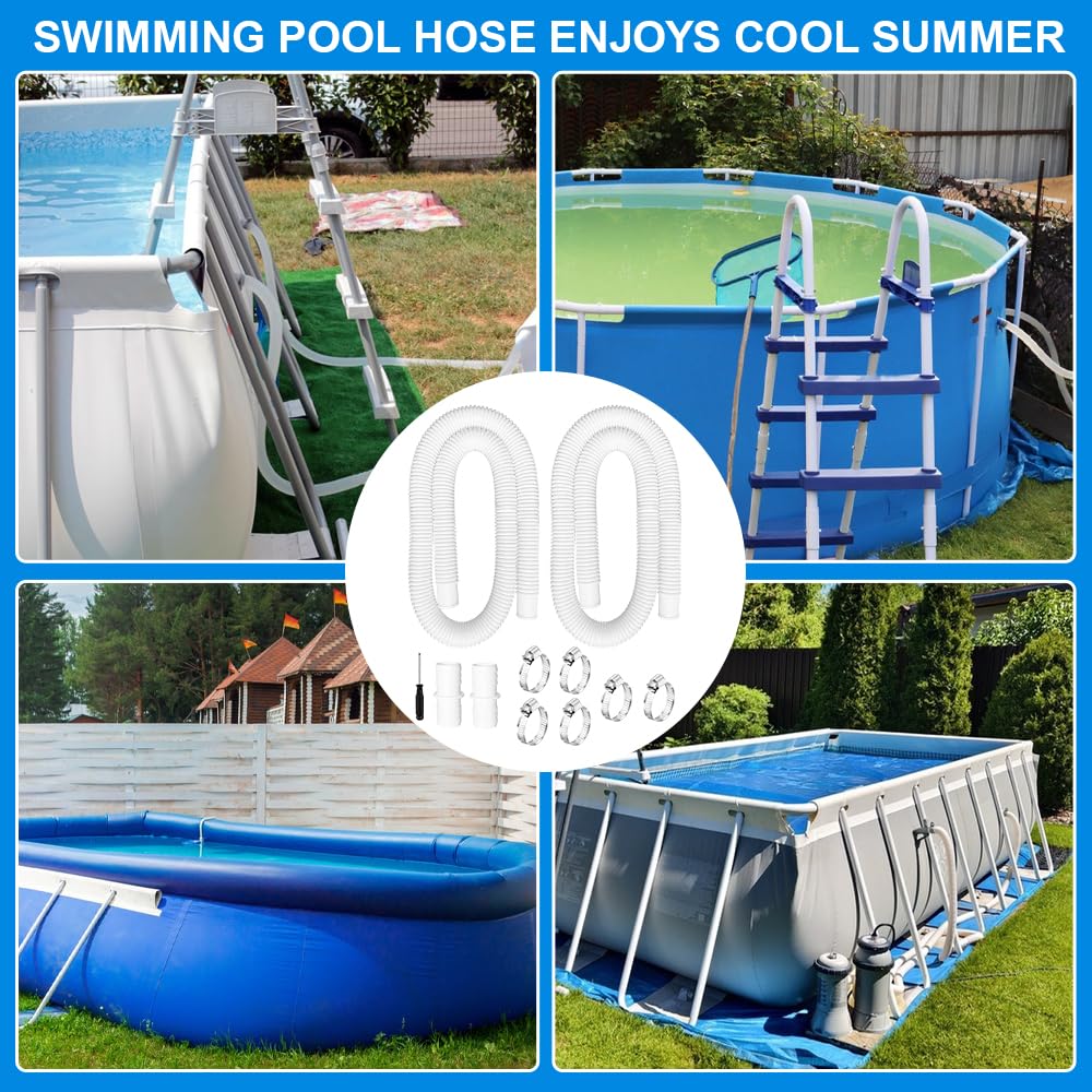 2Pcs Tuyau Piscine 32mm, 1.5m Tuyau de Rechange pour Piscine avec 6 Clips de Sécurité et 2 Raccord de Tuyau, Tuyau Filtration Piscines pour Piscines Hors Sol, Spa