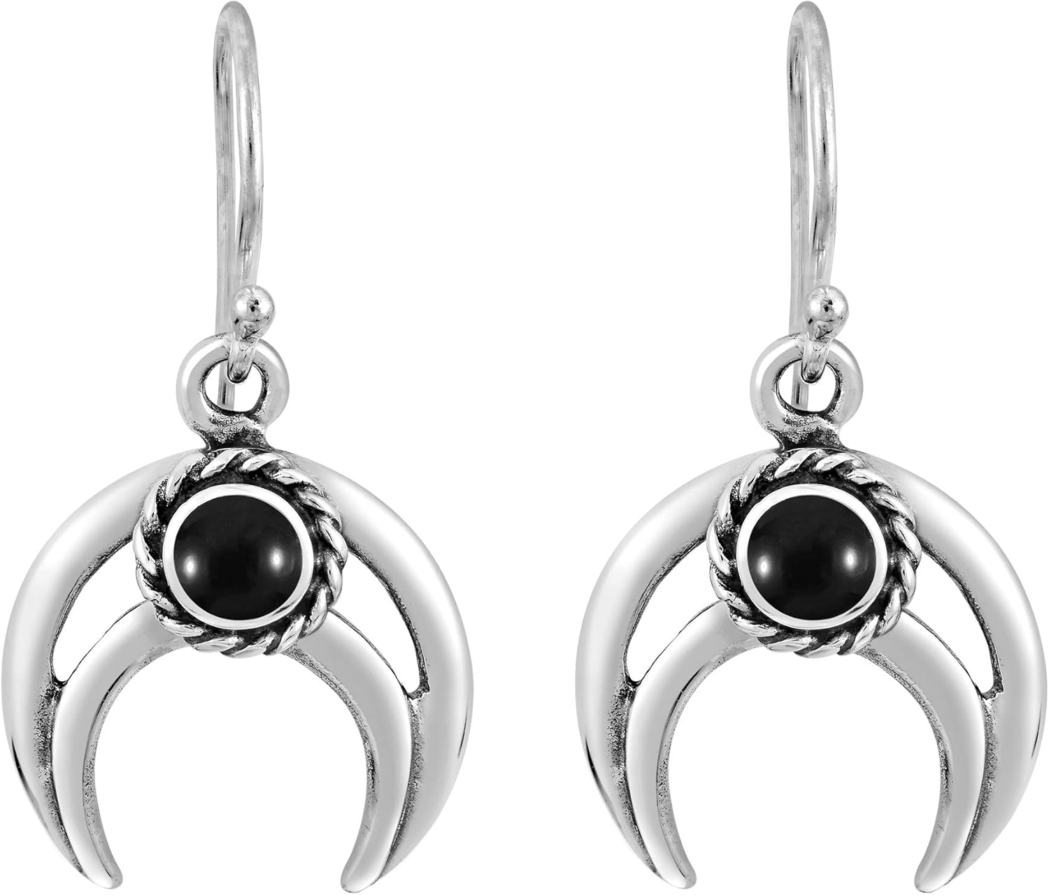 AeraVida Simulated Black Onyx Crescent Moon 925 Sterling Silver Dangle Drop Earrings | Celestial Lover | 16x31mm | Fashion Jewelry for Women