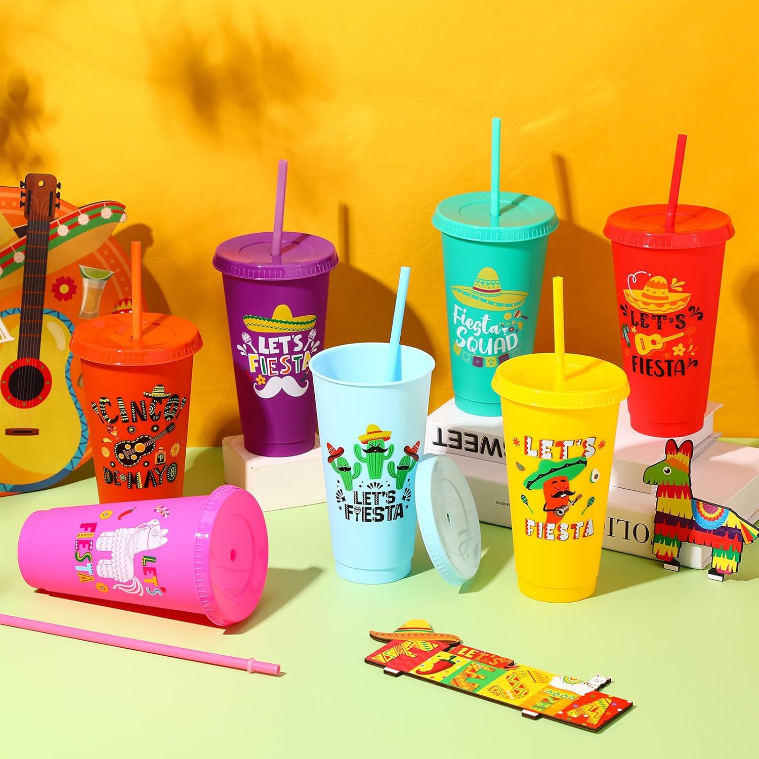 35 Pcs Fiesta Tumbler with Straw and Lid 24 oz Mexican Water Bottle Iced Coffee Travel Mug Cup Reusable Plastic Cups for Cinco De Mayo Party Decorations Fiesta Taco Birthday Party