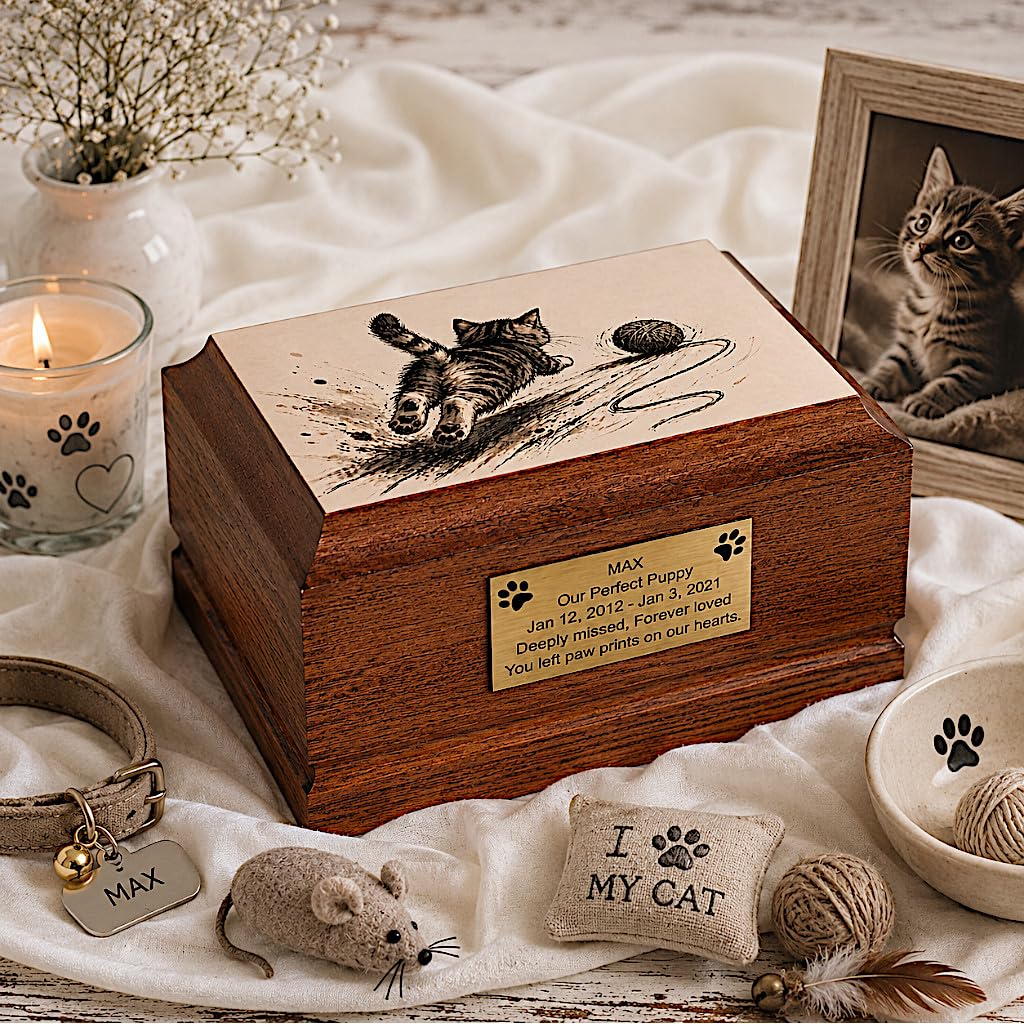 Cat Cremation Urn for Ashes – Wooden Pet Urn for Cat, Cat Memorial Keepsake Box