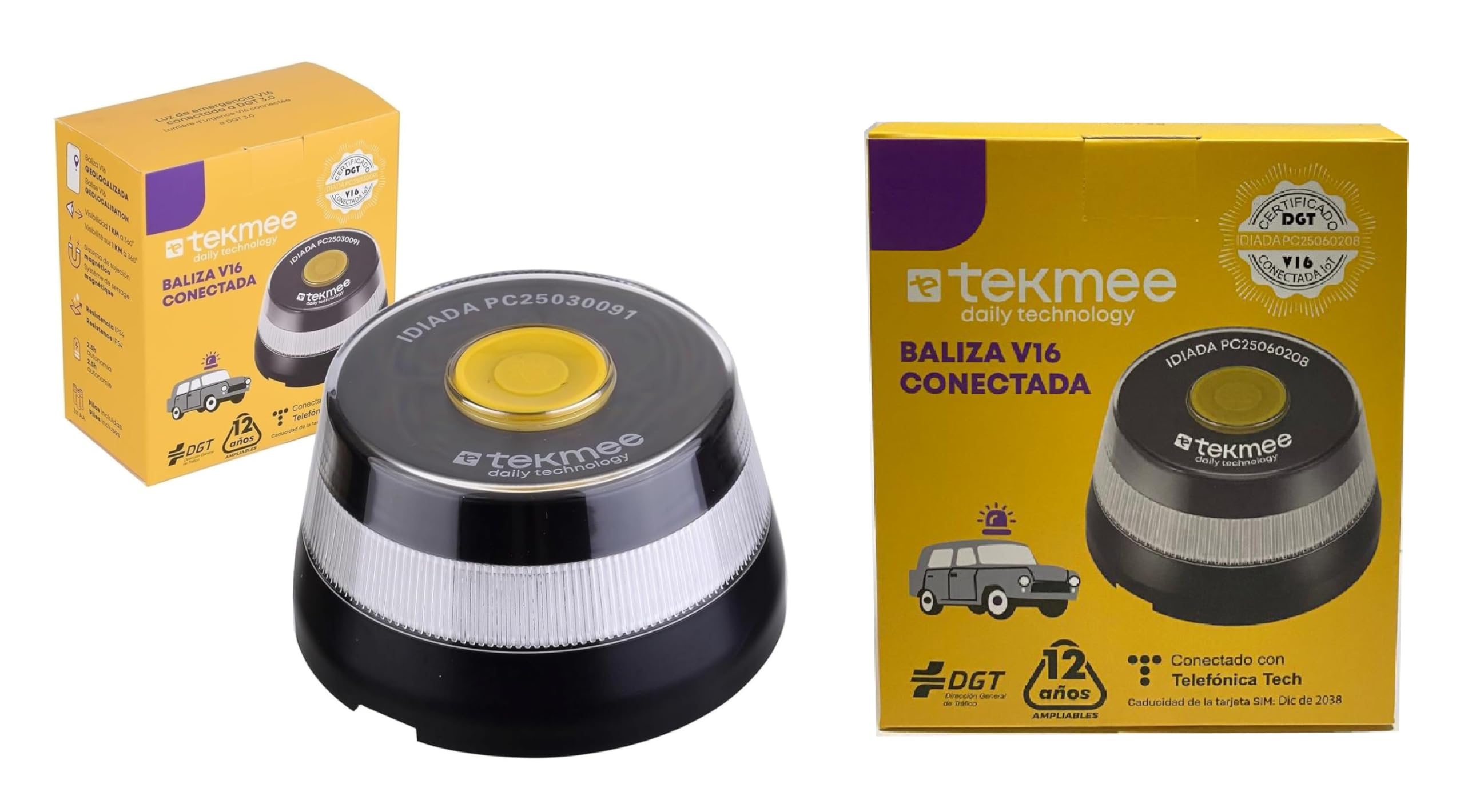 TEKMEE-V16 Baliza CONECTADA DGT 3.0 Homologado con Geolocalización, Luz de Emergencia Dispositivo Señalización Vial con Datos Móviles hasta 12/2038.Pilas incluídas.(Negro,1 Und) (Negro, 2)