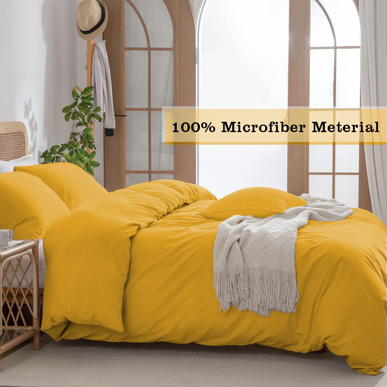 Ev Dekor Double Duvet Cover Sets - Brushed Microfiber Bedding- Plain Dye Quilt Cover with Pillowcase - Ochre - Image 3