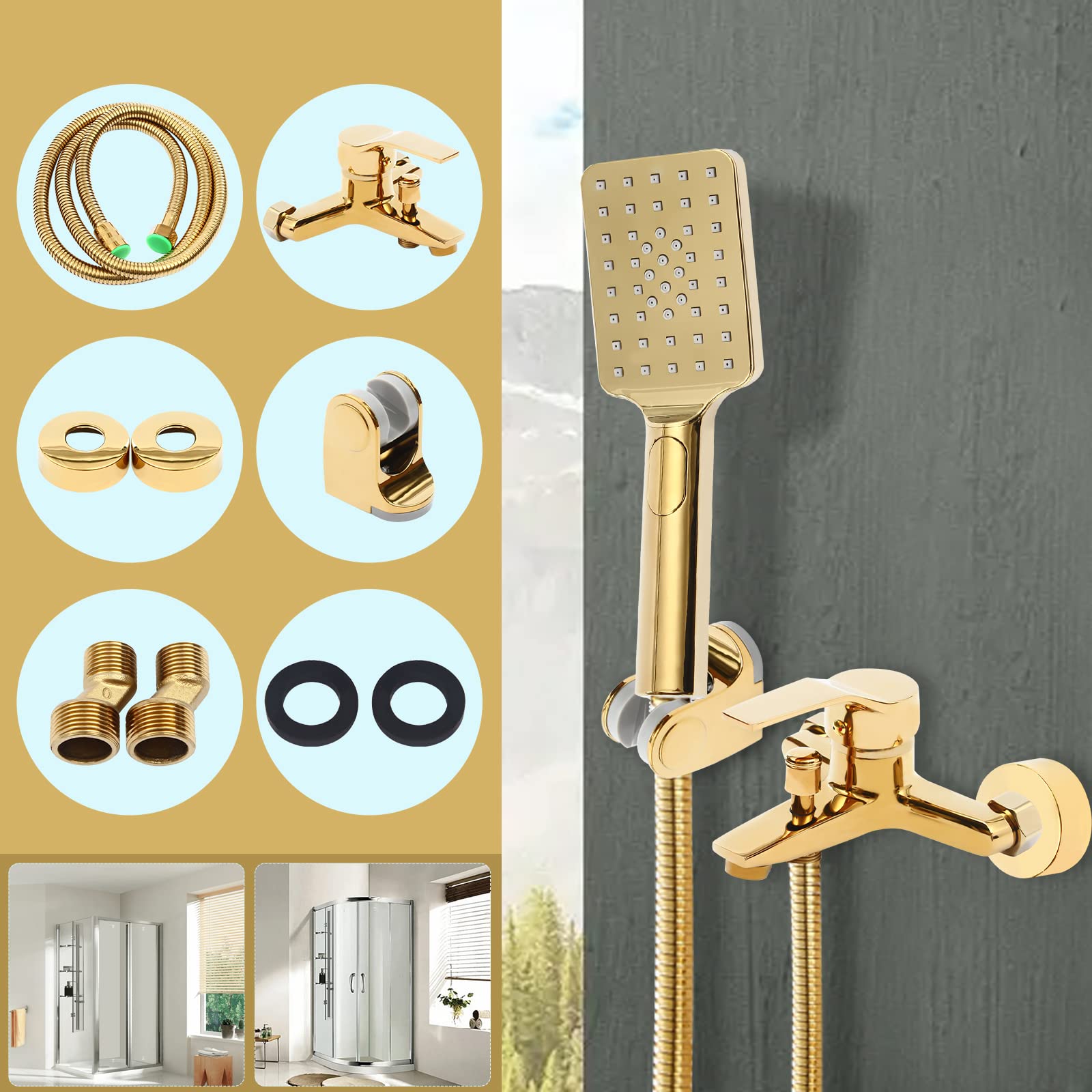 Juego Completo de Grifo de Ducha Dorado Con Alcachofa de Mano, Soporte y Manguera, Tipo Dúplex Para Lavabo, Tubo de Agua de 1,5 m