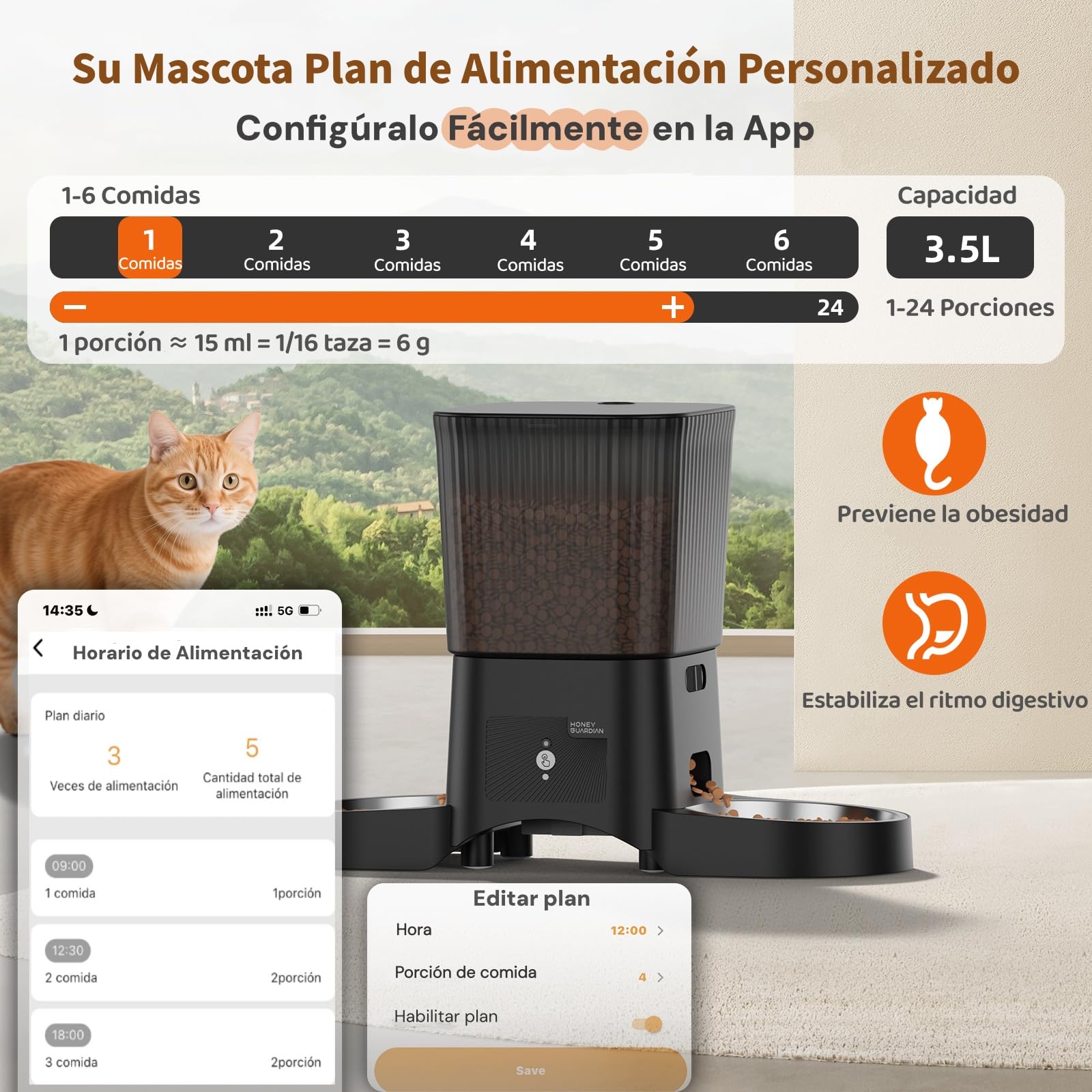 Comedero Gato Automatico 5G WiFi, HONEYGUARDIAN Dispensador Comida Seca Gatos Perros, Alimentador Automatico Gato Fácil Operación con Control App, 4 Cuencos (Acero inoxidable + Lento), 1-6 Comidas/Día