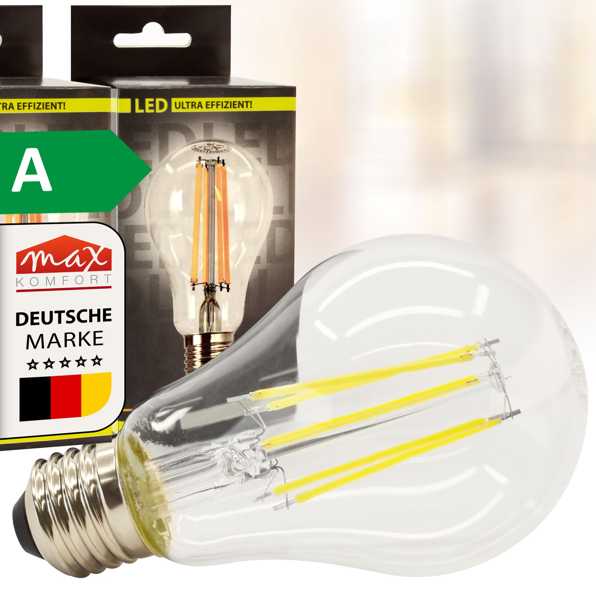 Maxkomfort 10x LED E27 Glühbirne Filament – 7,2W ersetzt 100W, Energieklasse A, 1521 Lumen Neutralweiß (4000K), A67, 50.000h Lebensdauer, Leuchtmittel 360°