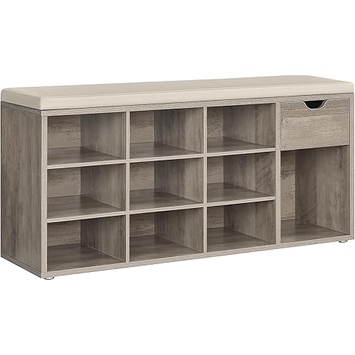 VASAGLE CUSTOS Collection - Shoe Bench, Storage Bench with Padded Seat, Entryway Bench with 15 Compartments, for Bedroom, 11.8 x 40.9 x 18.9 Inches, Heather Greige and Cappuccino Beige ULHS024K02