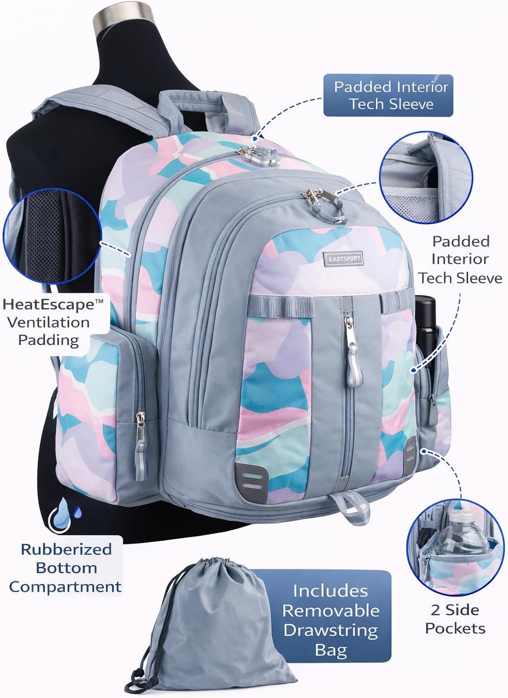 Eastsport Extra Large Backpack Expandable Oversized for Travel Hiking Work Camping Sports Outdoors with Drawstring Bag Mochila De Viaje Abstract Joyful - Image 8