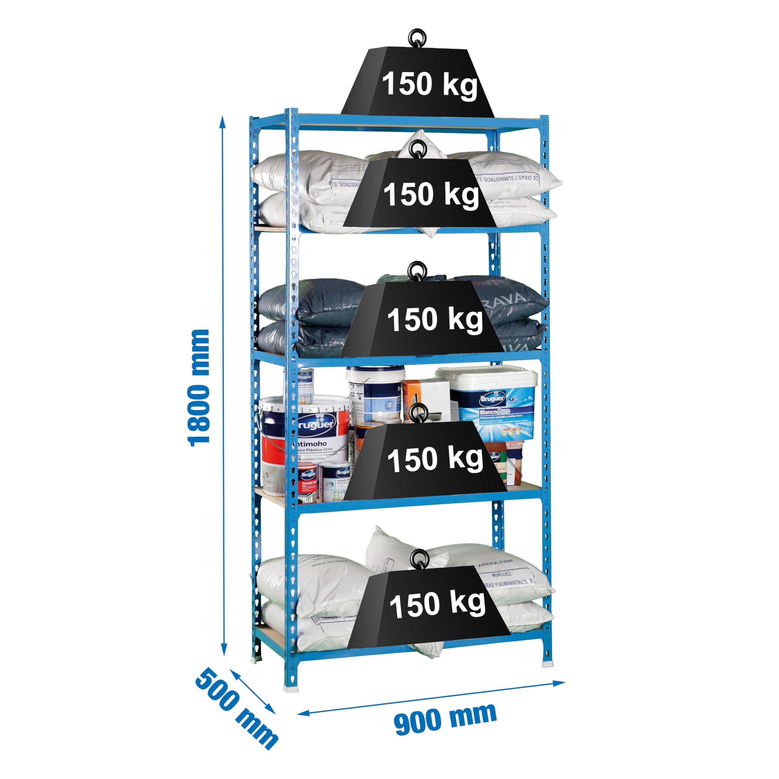Simon Rack Scaffale Metallo Garage, 5 Ripiani Legno, 150 kg di Punto di Flessione, 1800x900x500 mm, Scaffale Garage, Senza Viti, Blu/Legno - Maderclick